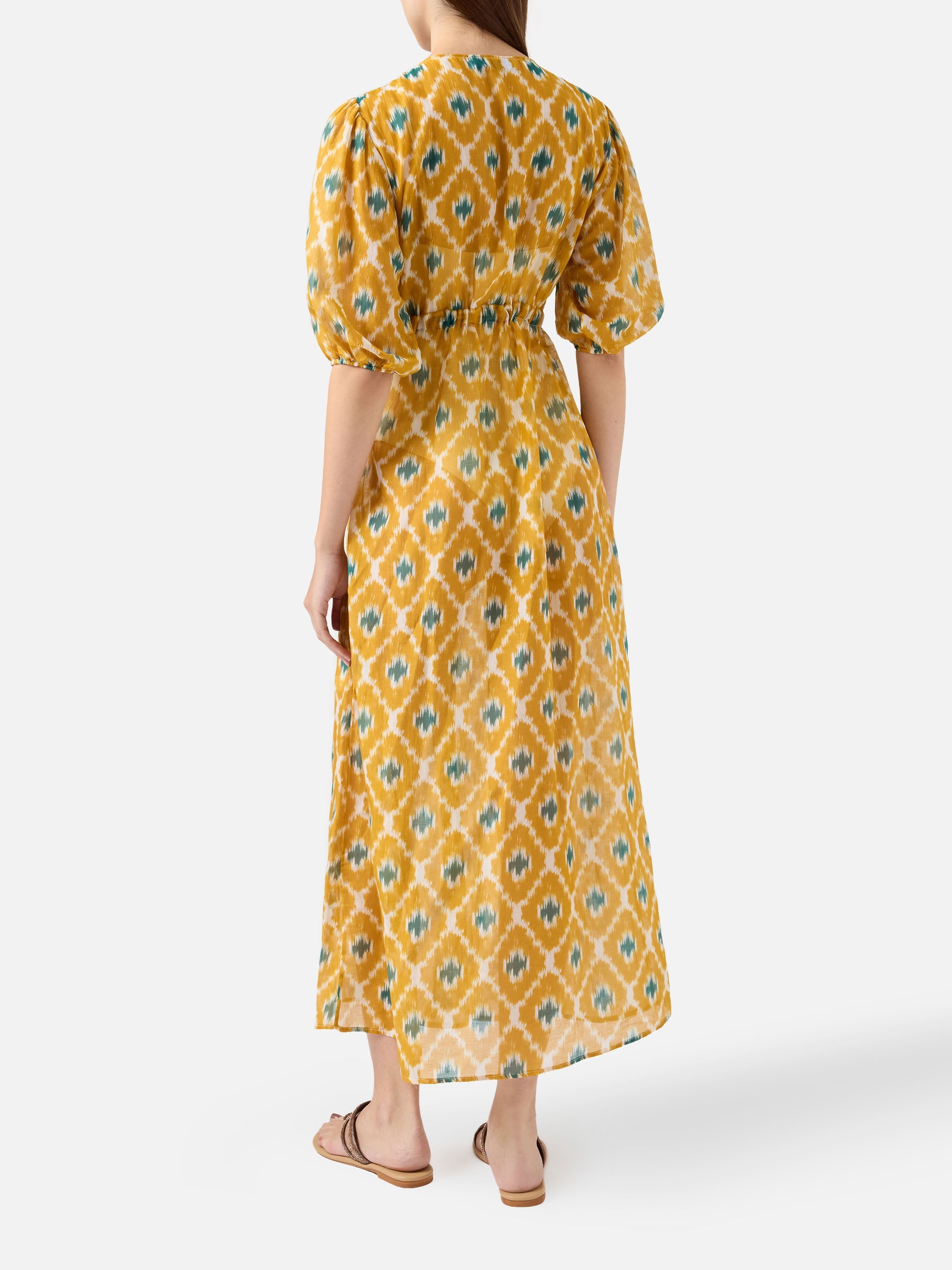 Cotton And Silk Long Dress Bliss With Geometric Print Yellow Beach Robe