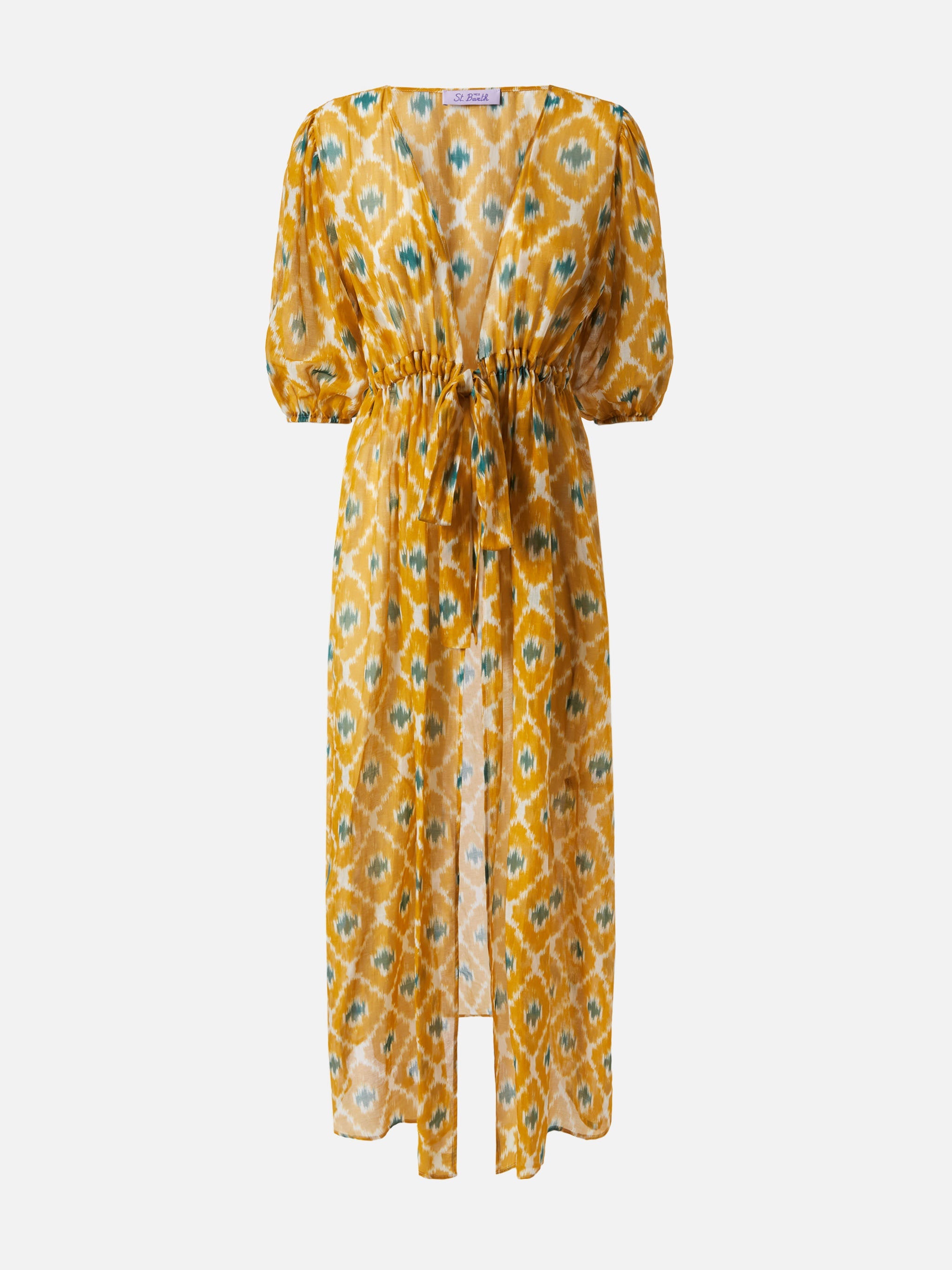 Cotton And Silk Long Dress Bliss With Geometric Print Yellow Beach Robe