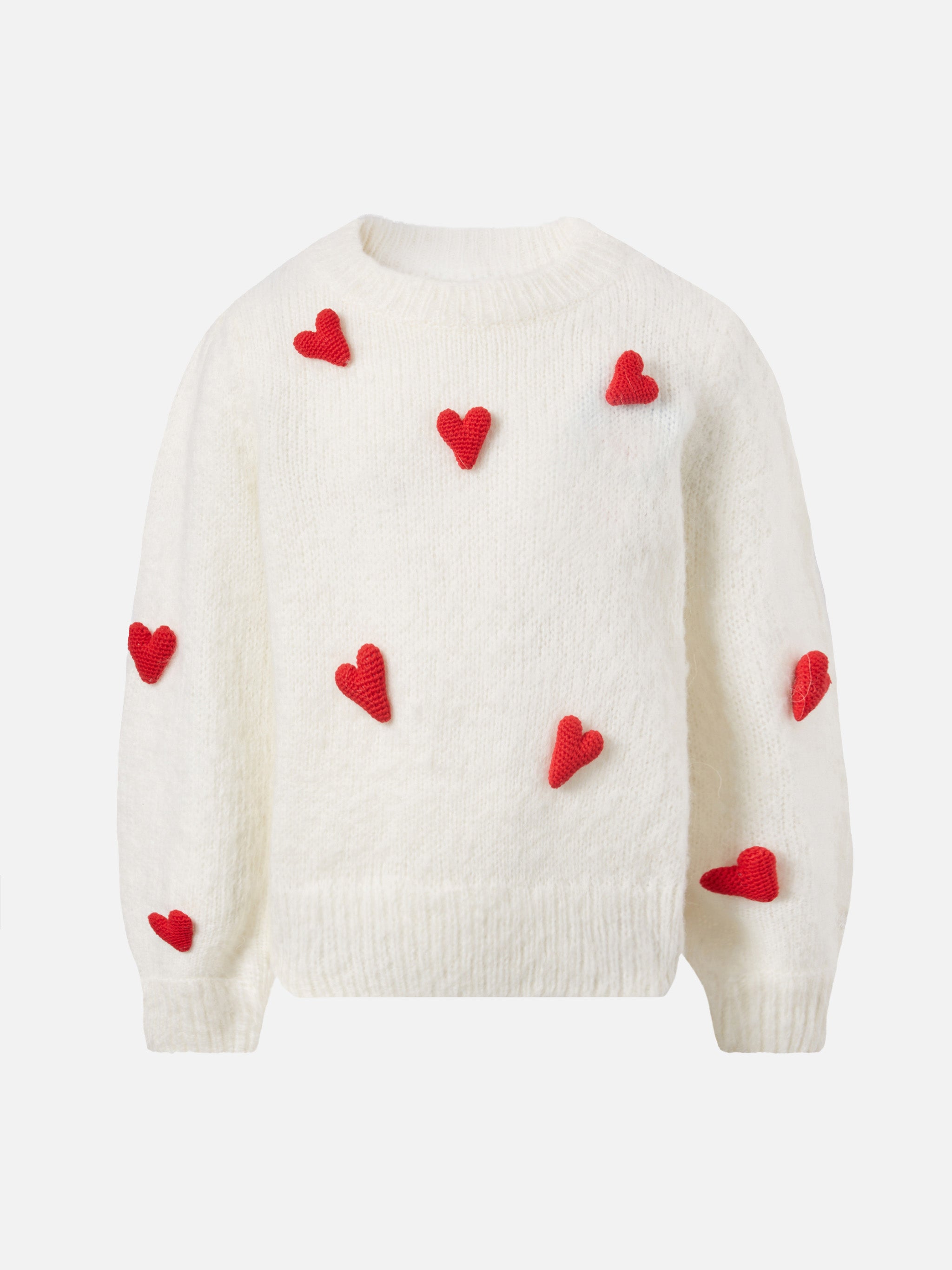 Brushed Sweater Bloom Soft With Crochet Hearts Appliqués White
