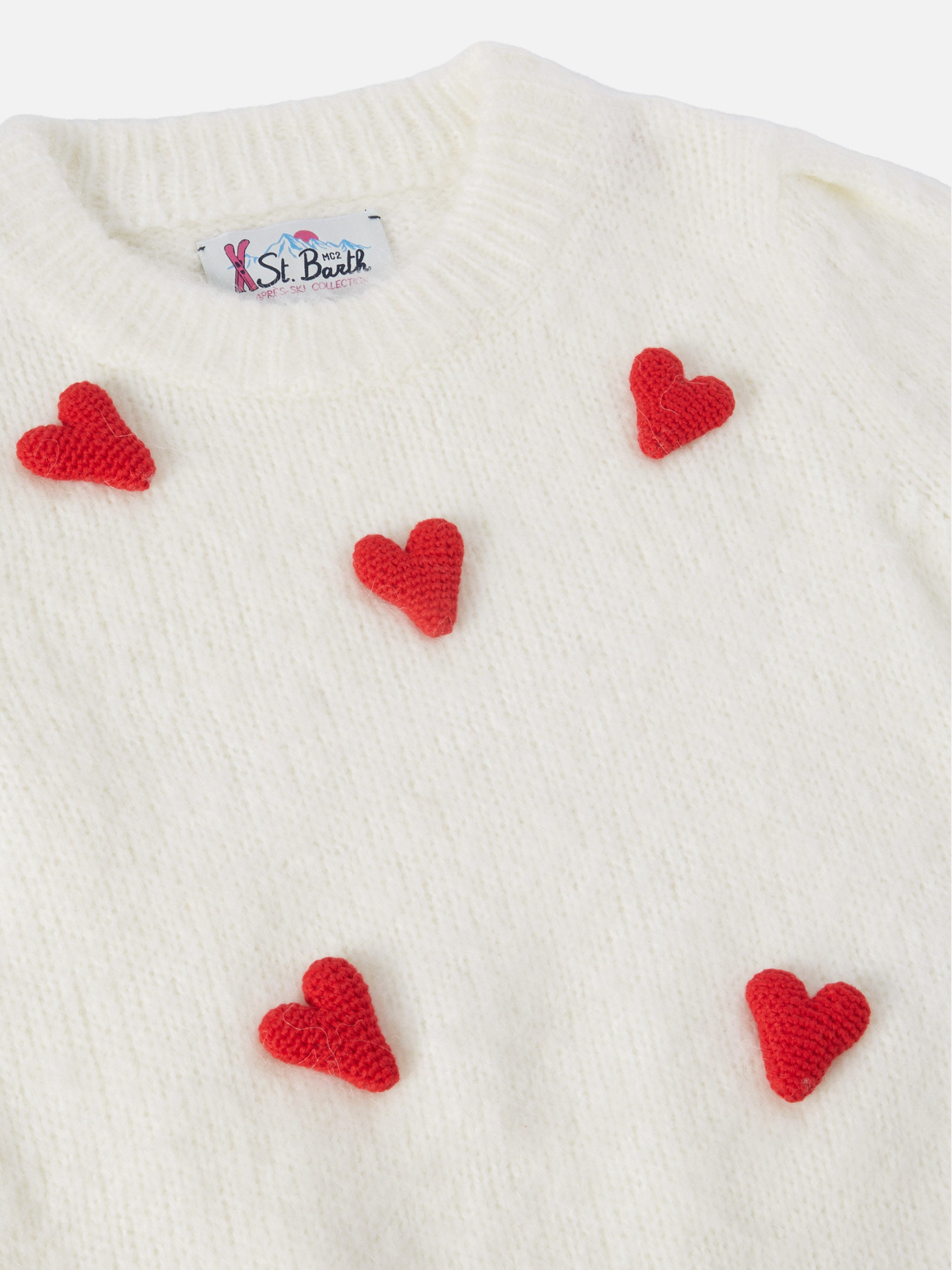 Brushed Sweater Bloom Soft With Crochet Hearts Appliqués White