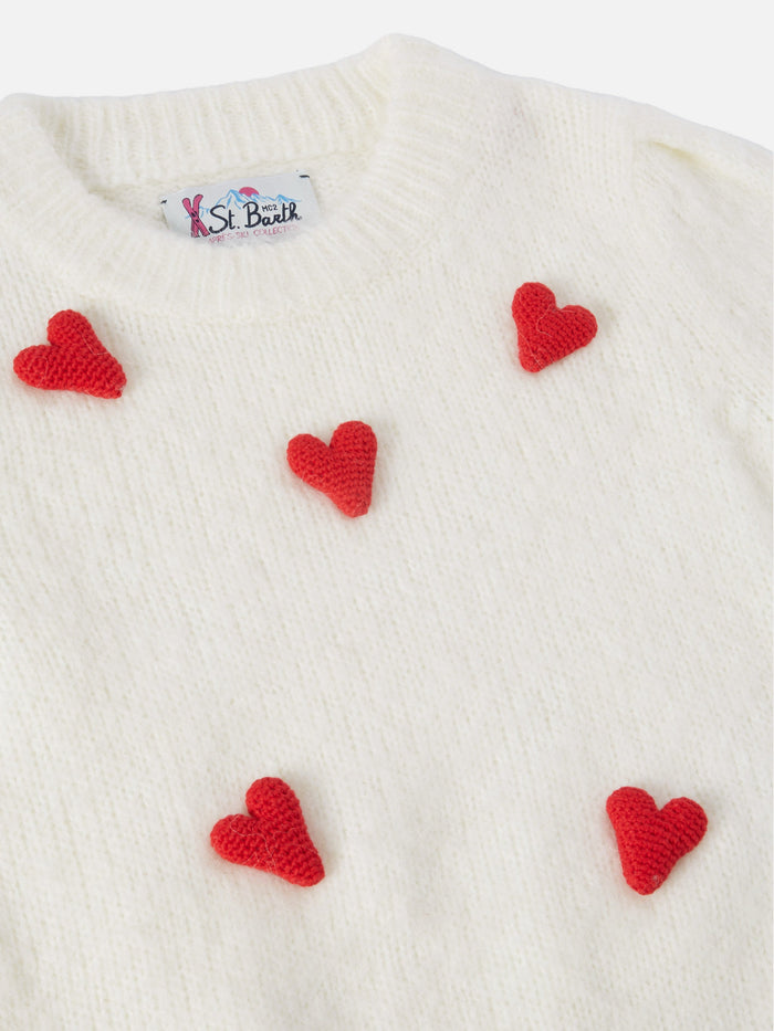 Brushed Sweater Bloom Soft With Crochet Hearts Appliqués White