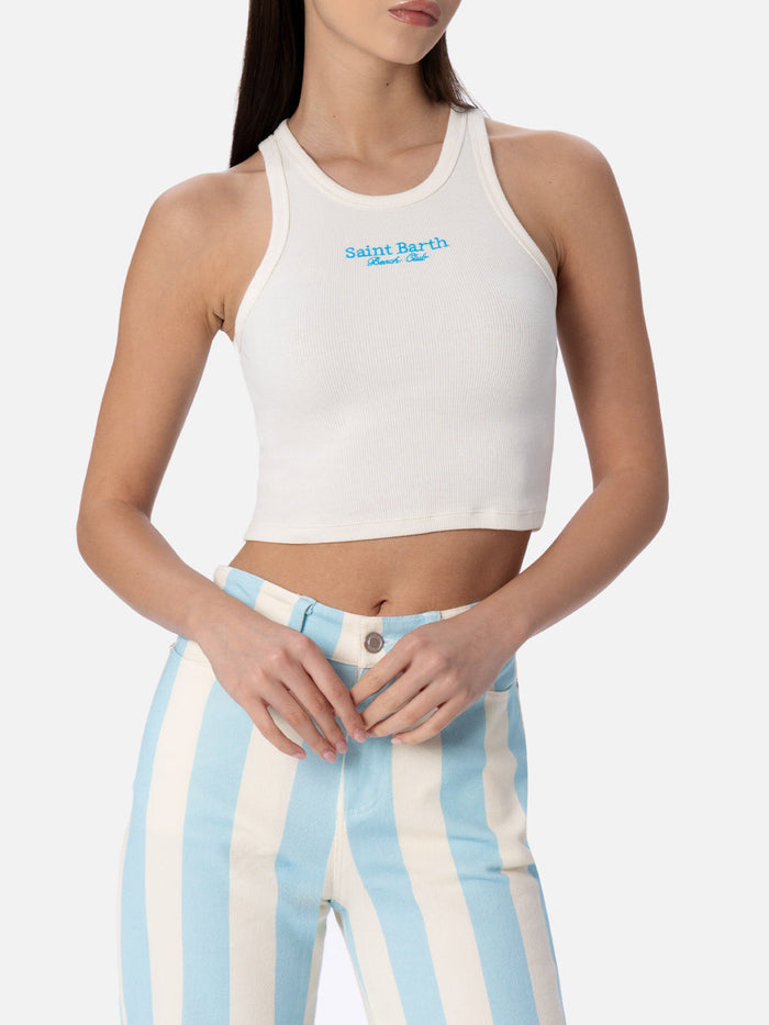 Blue White Ribbed Cotton Tank Top With St. Barth Beach Club Embroidery T-shirt