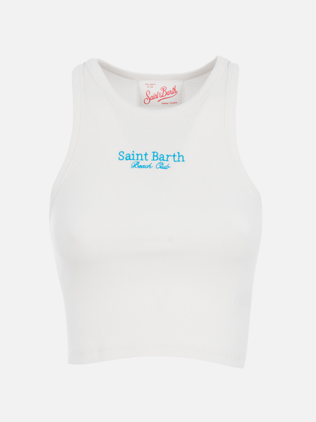 Blue White Ribbed Cotton Tank Top With St. Barth Beach Club Embroidery T-shirt