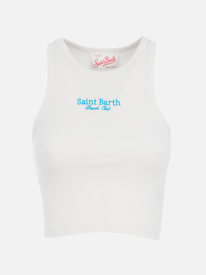 Blue White Ribbed Cotton Tank Top With St. Barth Beach Club Embroidery T-shirt