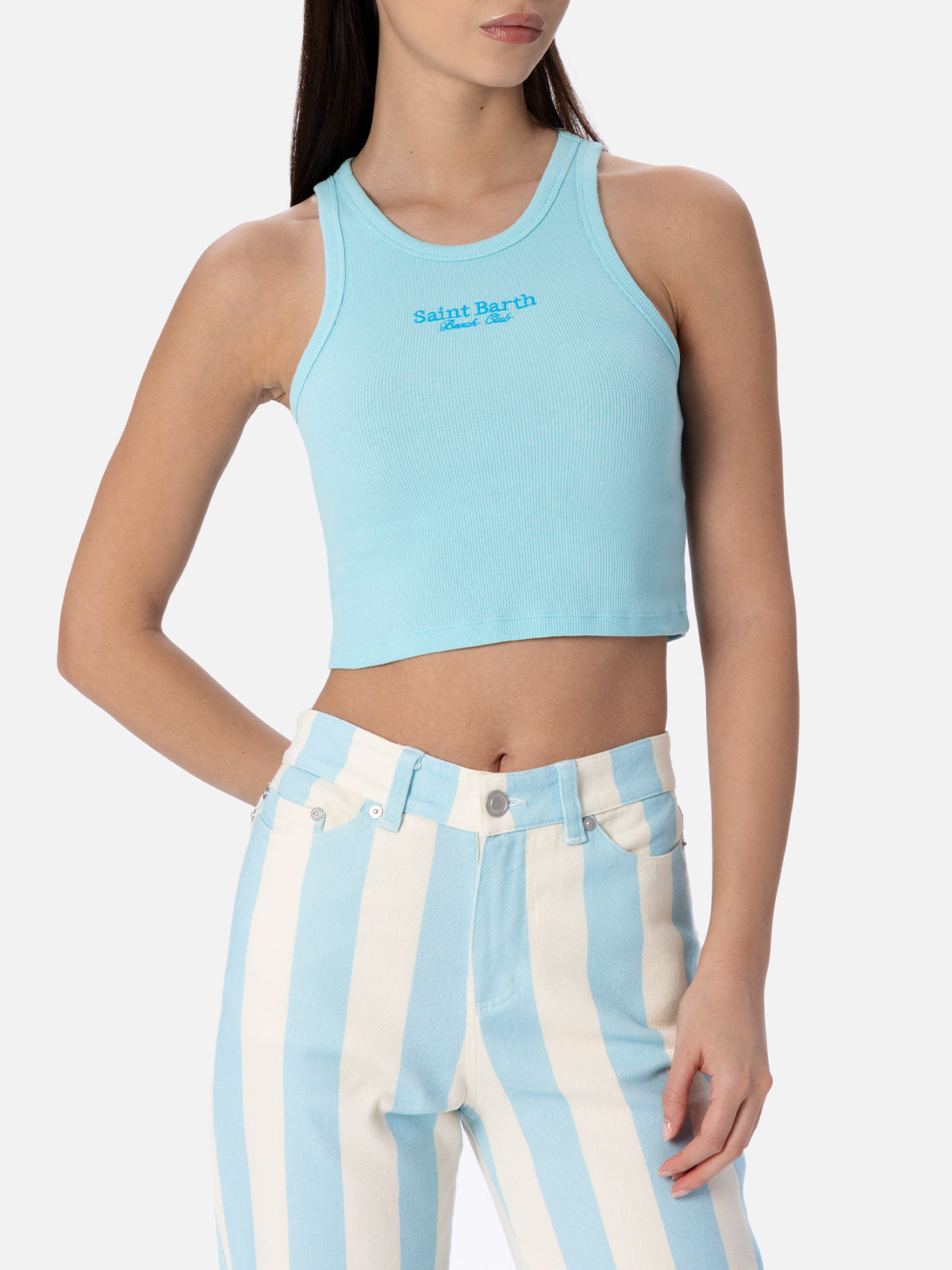 Blue Ribbed Cotton Crop Top With Saint Barth Beach Club Embroidery Green T-shirt