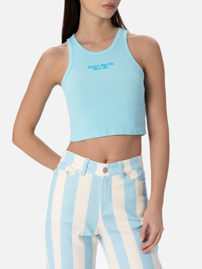 Blue Ribbed Cotton Crop Top With Saint Barth Beach Club Embroidery Green T-shirt