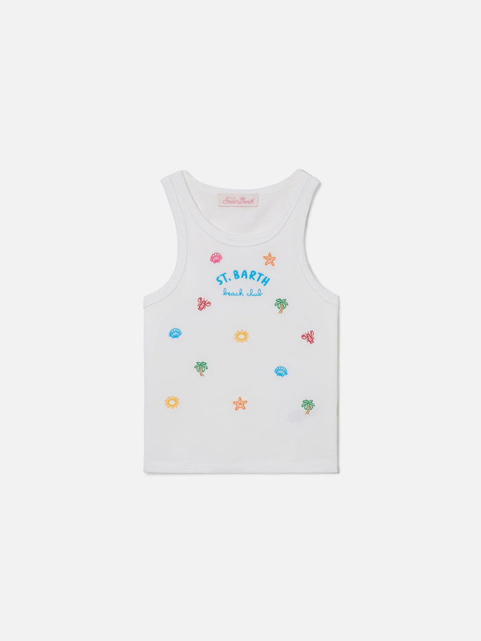 Blue Jr Tank-Top White Stretch Cotton With Multicolor Embroidery Top_apparel
