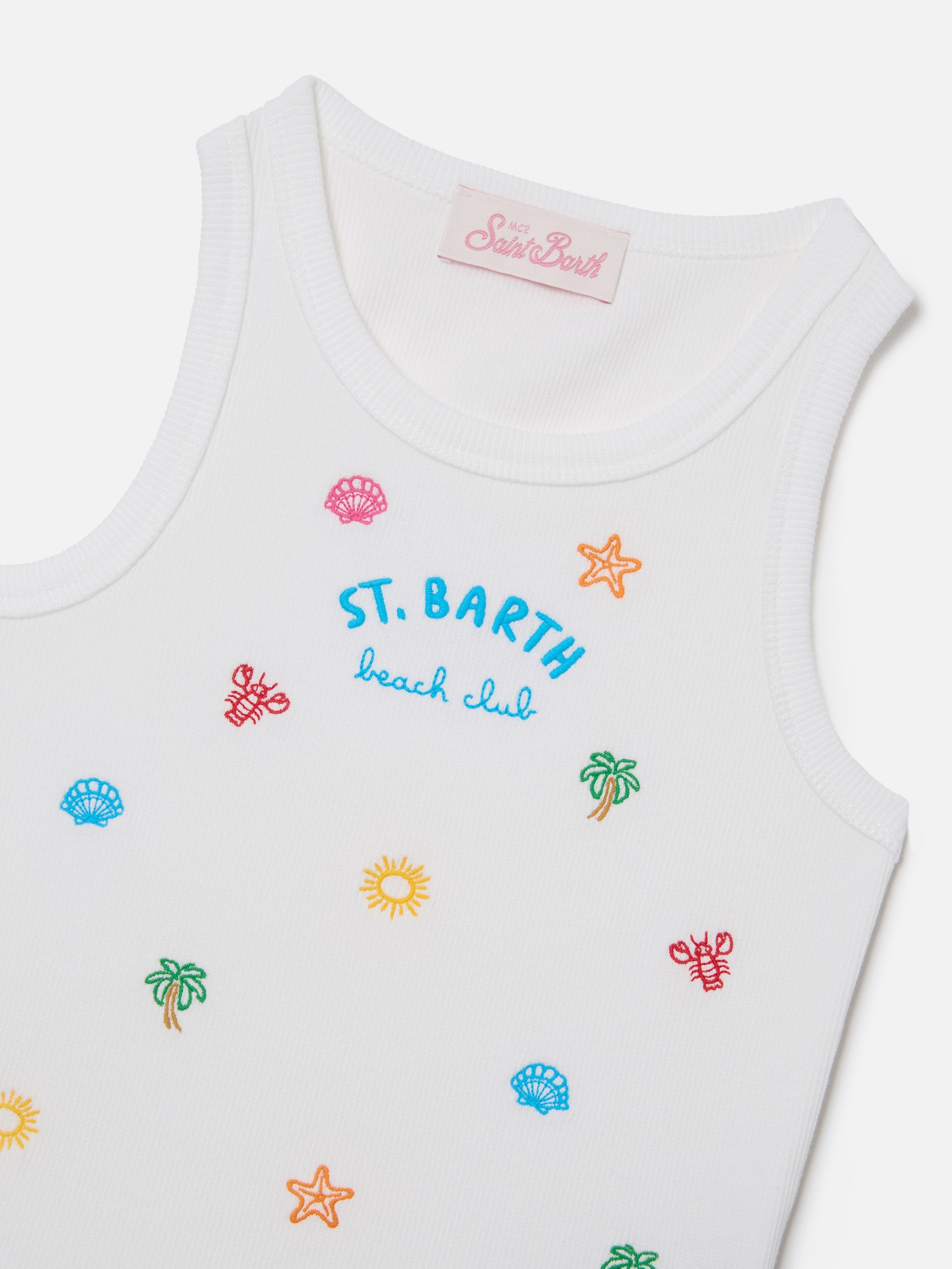 Blue Jr Tank-Top White Stretch Cotton With Multicolor Embroidery Top_apparel