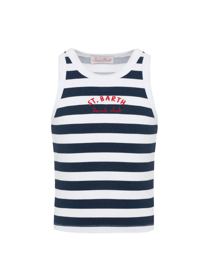 Blue Jr Navy Striped Rib-Knit Cotton Crop Tank With Embroidery __single__ Top_apparel