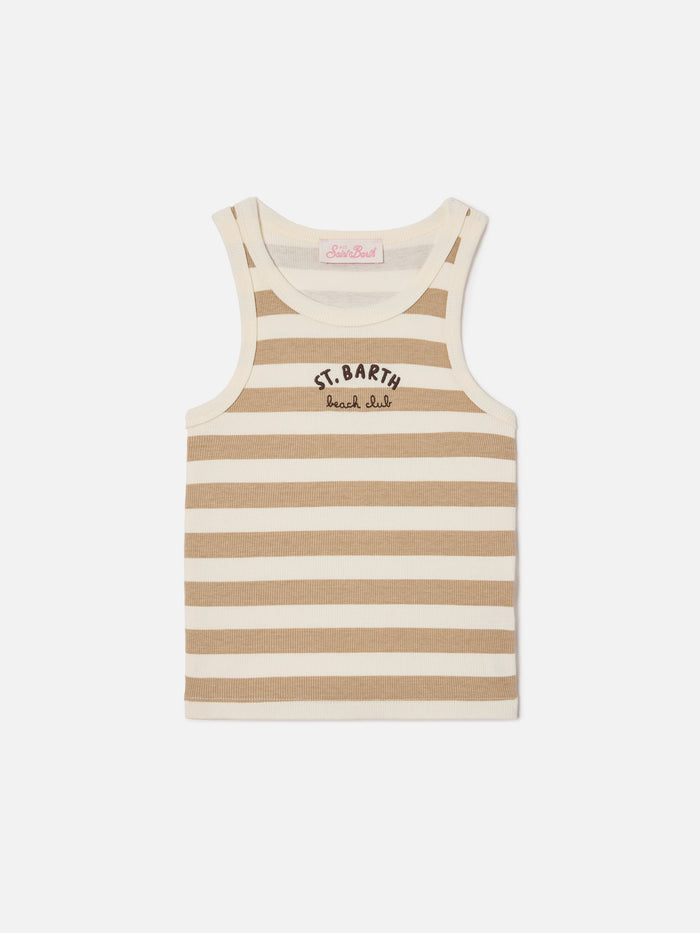 Blue Jr Tank-Top With Beige And White Stripes Embroidered Logo Brown Top_apparel