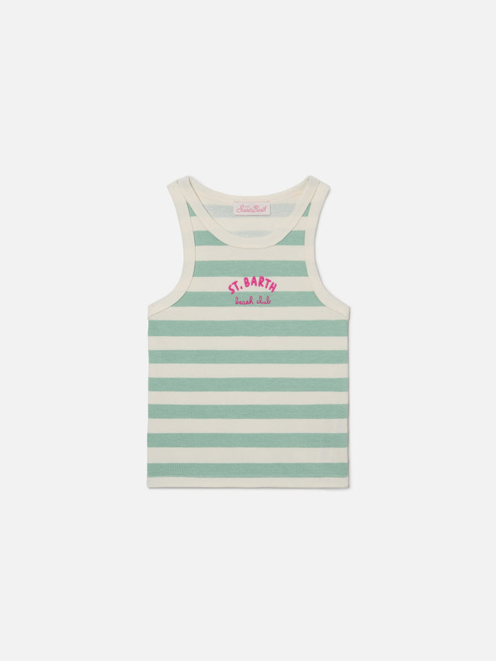 Blue Jr Tank-Top With Green And White Stripes Embroidered Logo Top_apparel