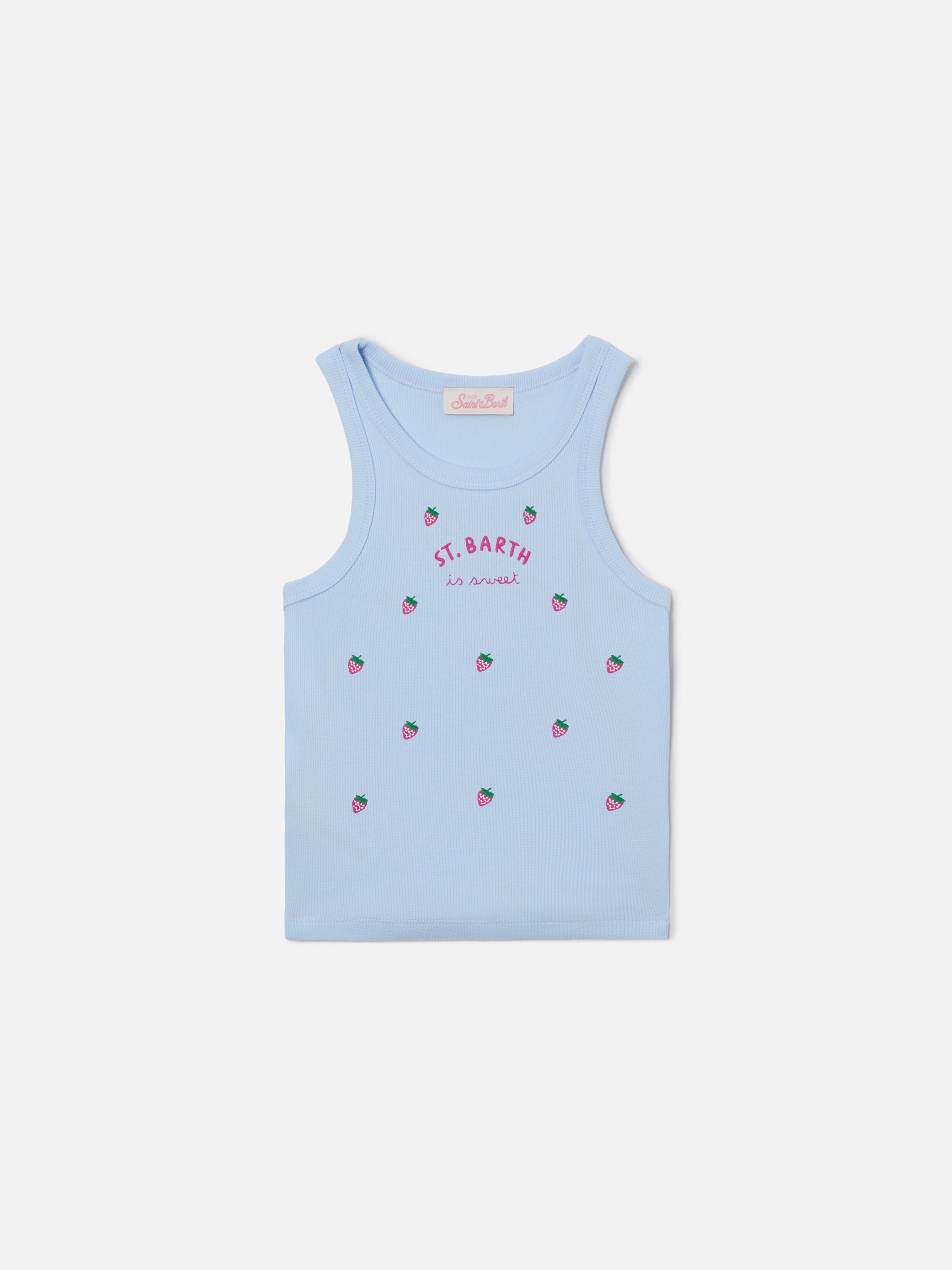 Blue Jr Tank-Top Light With St. Barth Is Sweet Embroidery And Strawberries Top_apparel