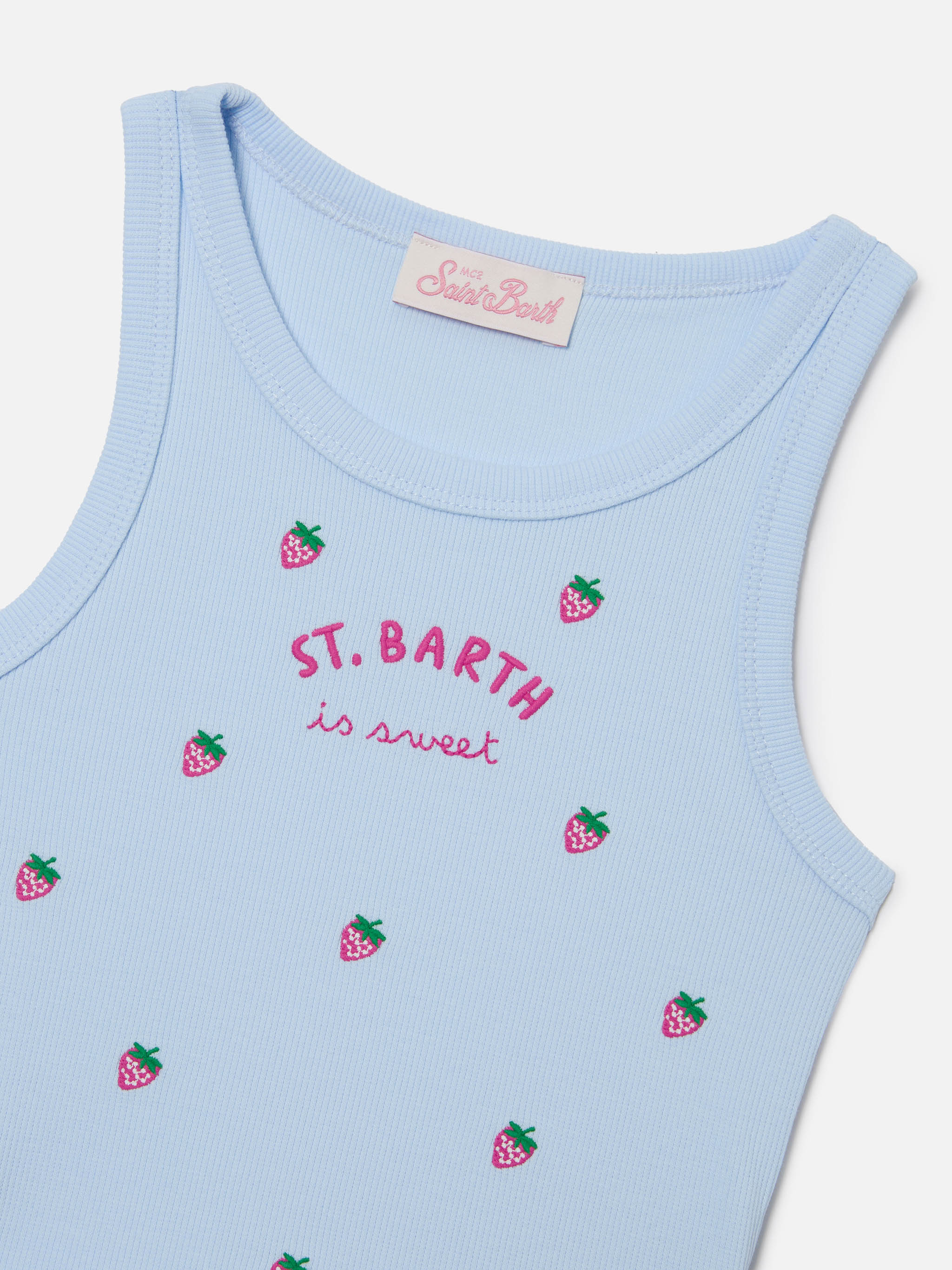 Blue Jr Tank-Top Light With St. Barth Is Sweet Embroidery And Strawberries Top_apparel
