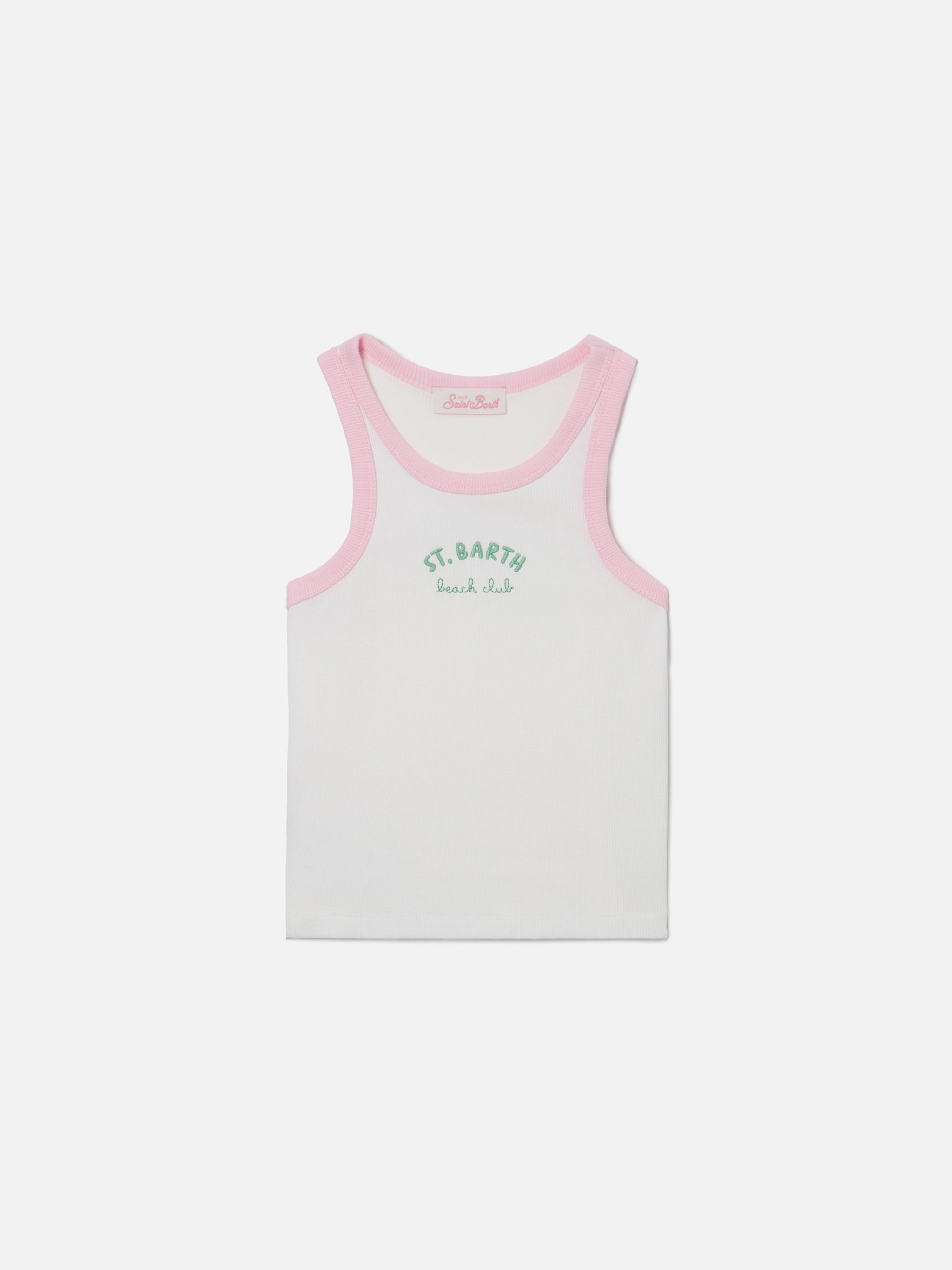Blue Jr Tank-Top White With Embroidered Logo And Pink Trims Top_apparel