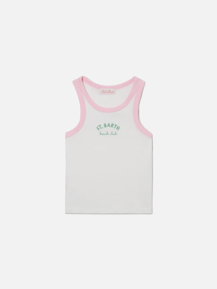 Blue Jr Tank-Top White With Embroidered Logo And Pink Trims Top_apparel