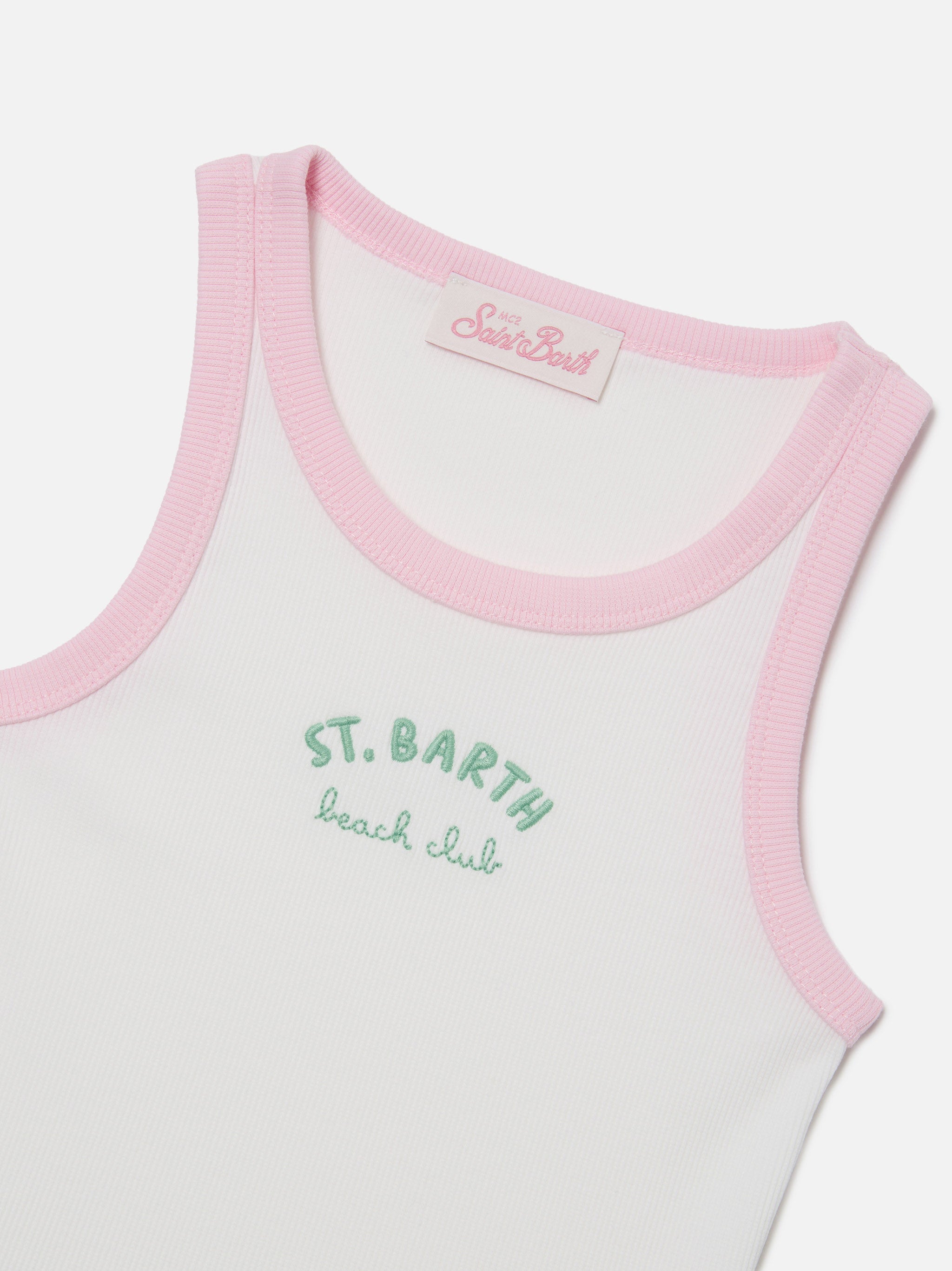 Blue Jr Tank-Top White With Embroidered Logo And Pink Trims Top_apparel