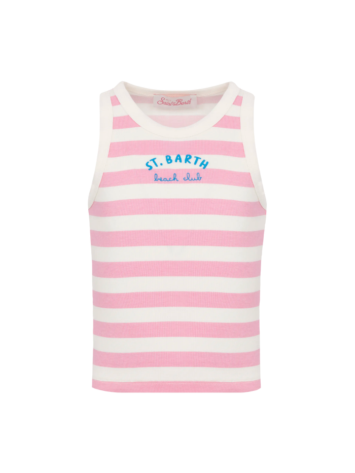 Blue Jr Pink Striped Rib-Knit Cotton Crop Tank With Embroidery __single__ Top_apparel