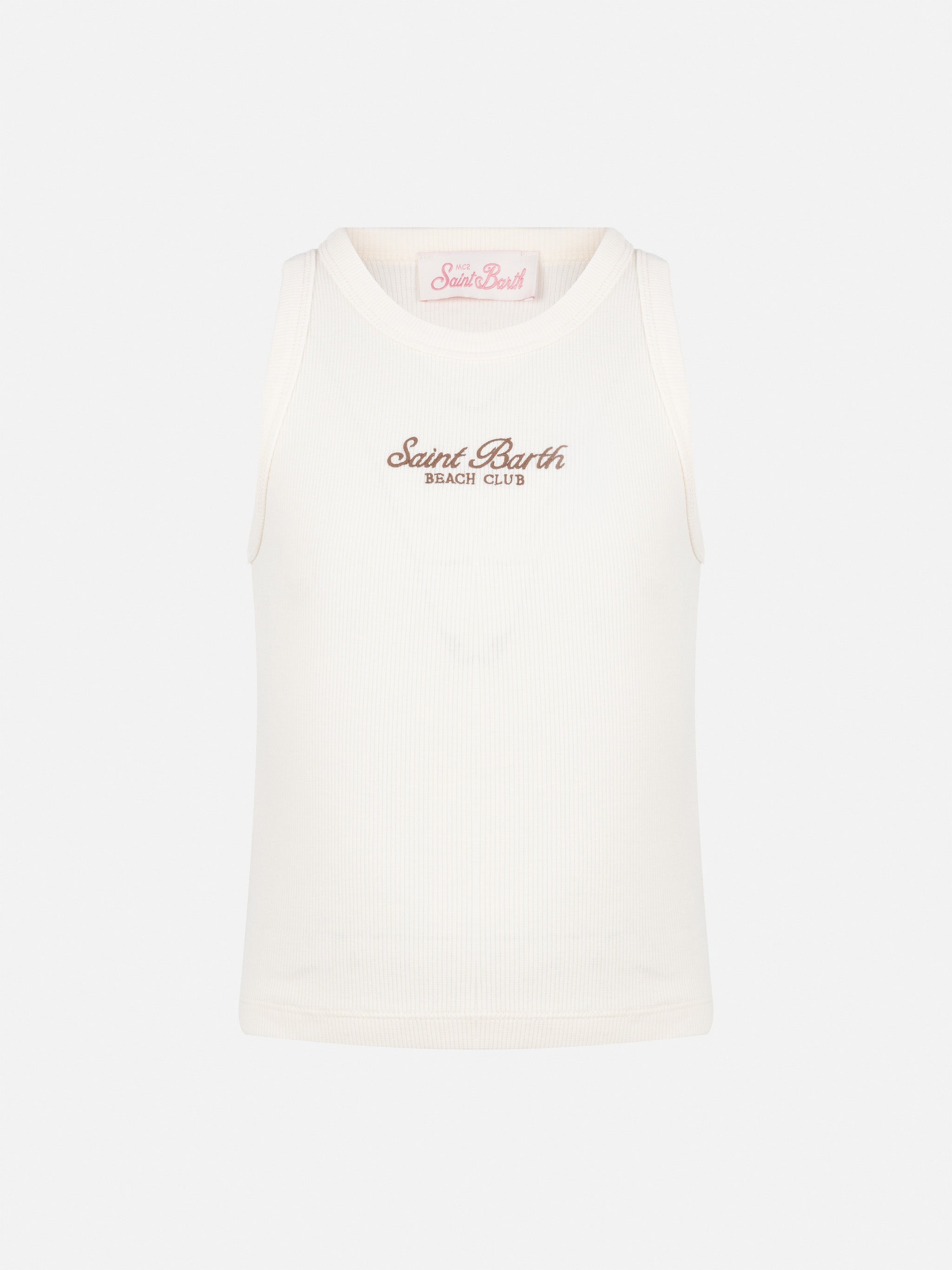 Blue Jr Off-White Rib-Knit Cotton Crop Tank With Embroidery Top_apparel