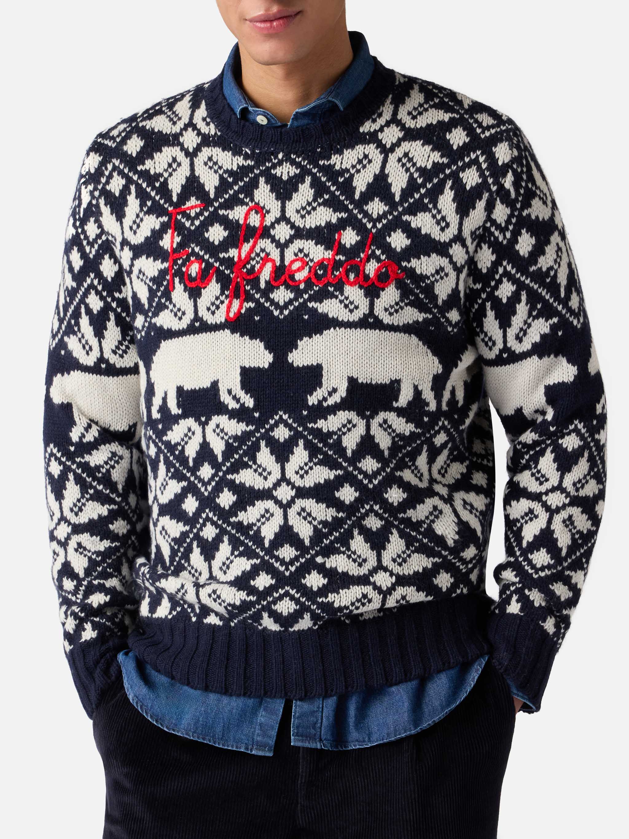 Man Sweater Bombardino With Norwegian Jacquard And Fa Freddo Embroidery Blue