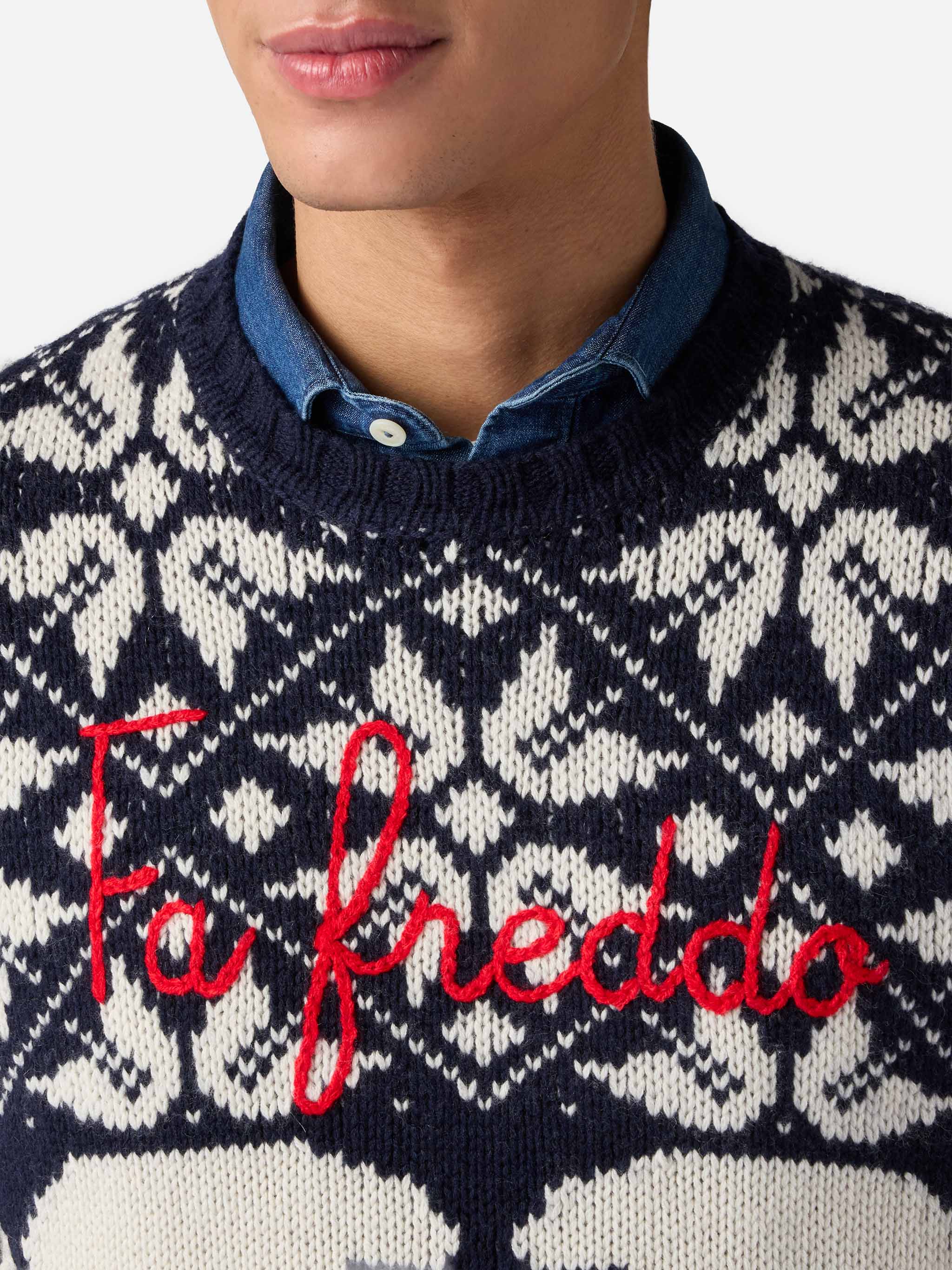 Man Sweater Bombardino With Norwegian Jacquard And Fa Freddo Embroidery Blue