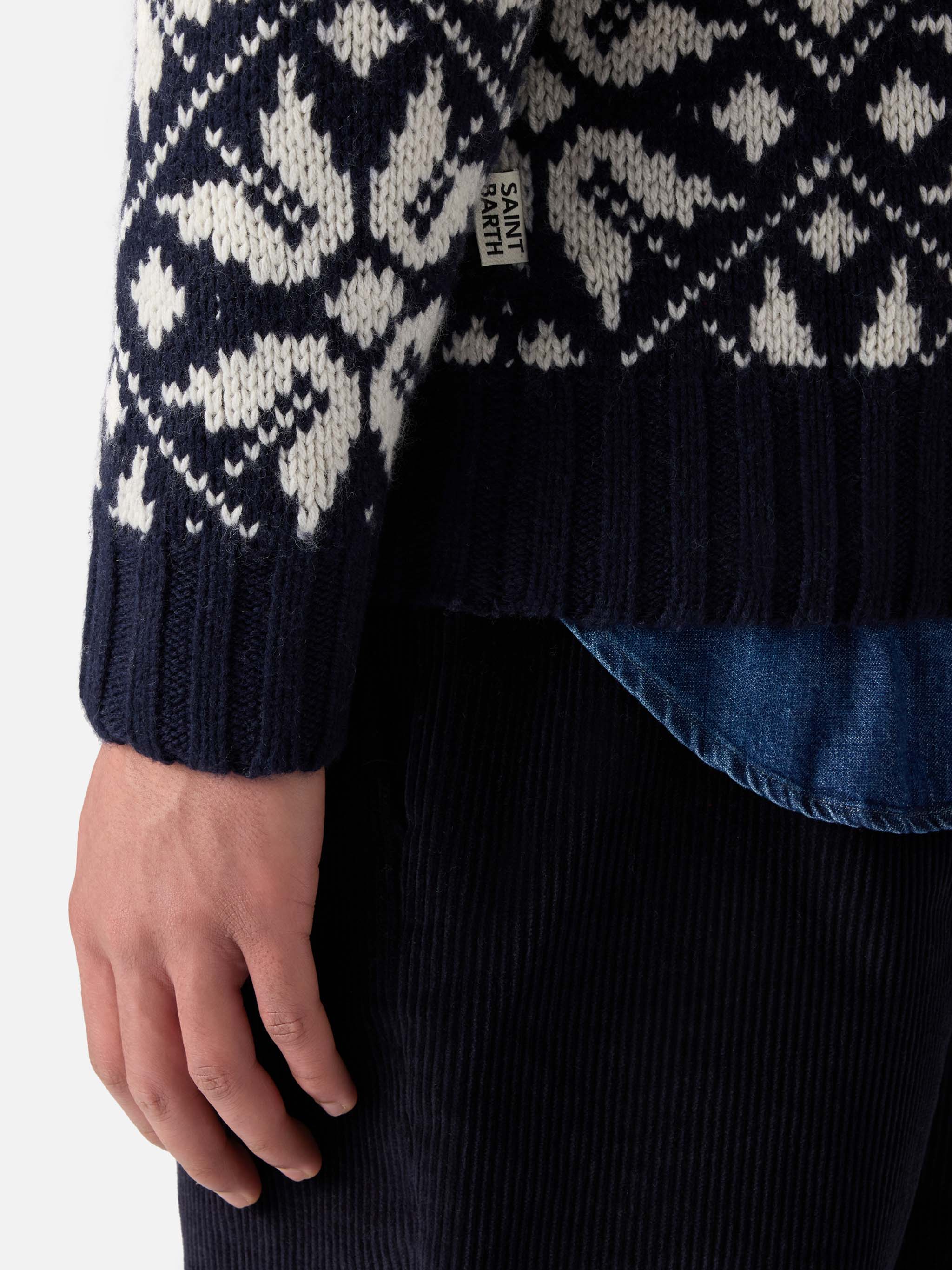Man Sweater Bombardino With Norwegian Jacquard And Fa Freddo Embroidery Blue