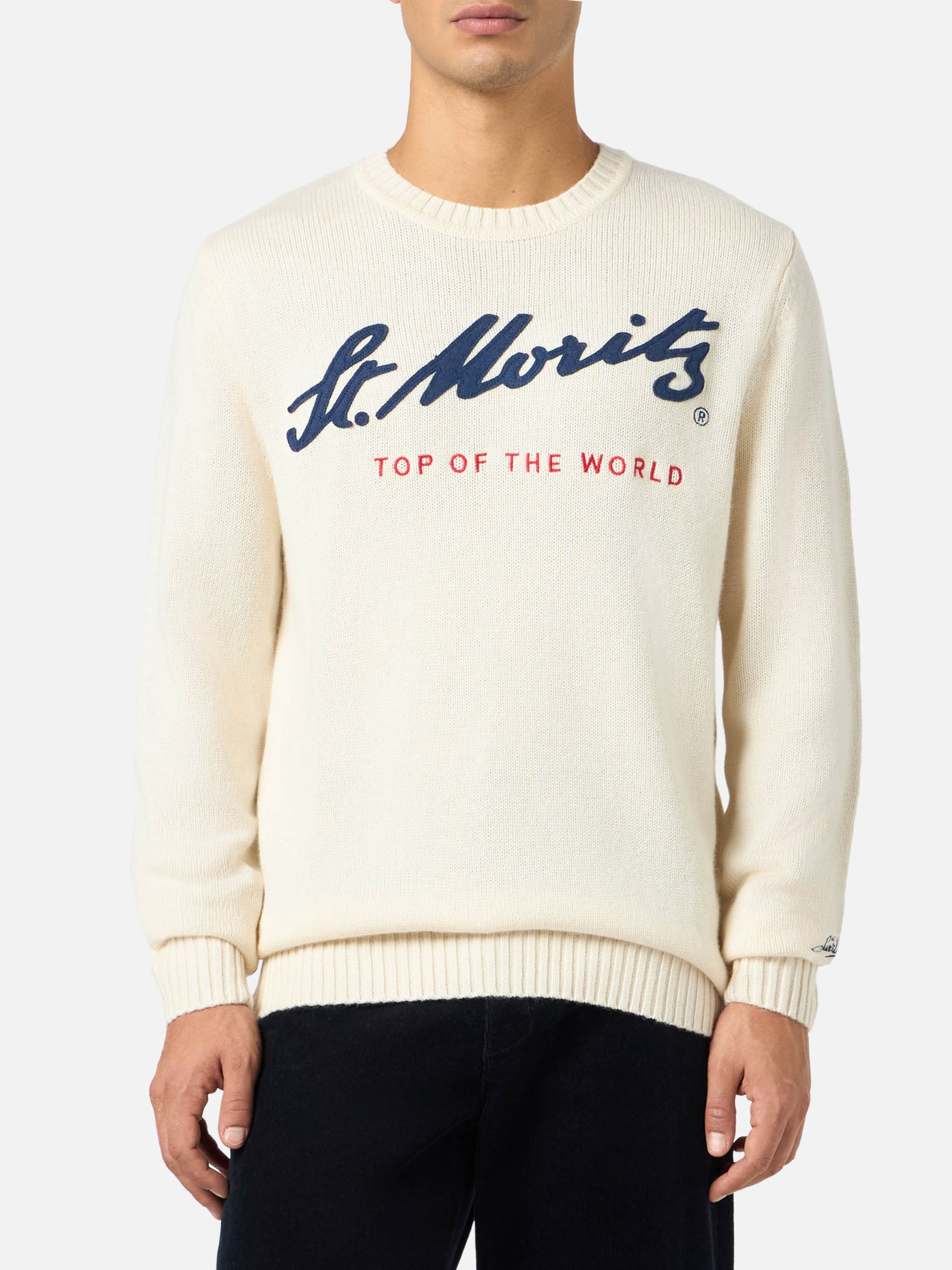 Man White Sweater Bombardino With St. Moritz Top Of The World Print | Special Edition Grey