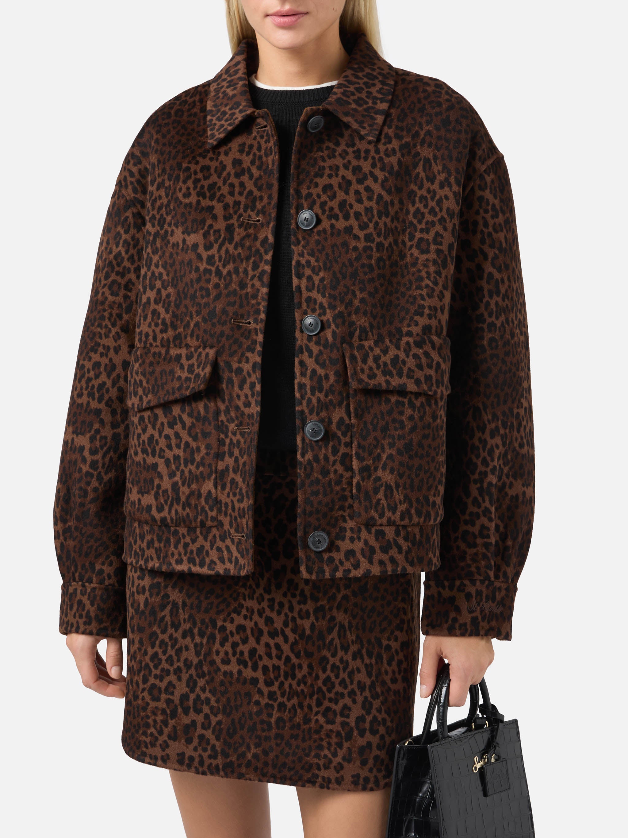 Bonnibell Cropped Jacket Double Fabric With Leopard Print Brown