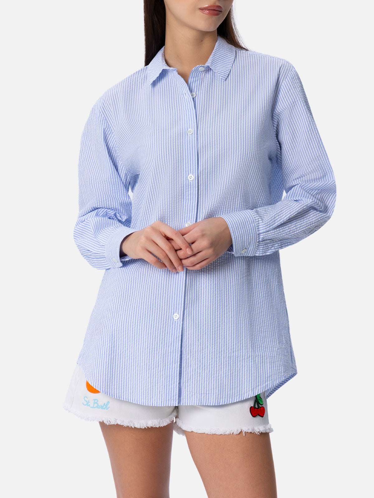 Brigitte Striped-Print Seersucker Shirt With Saint Barth Embroidery Blue