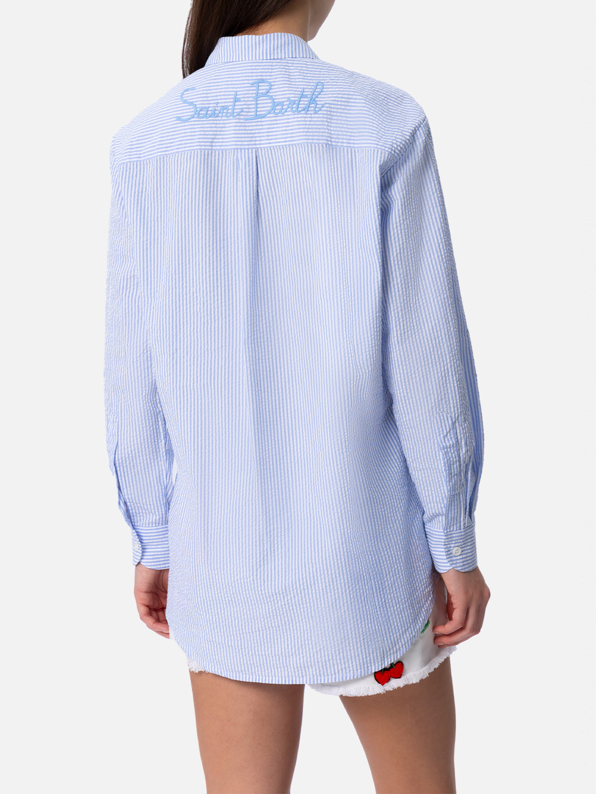 Brigitte Striped-Print Seersucker Shirt With Saint Barth Embroidery Blue