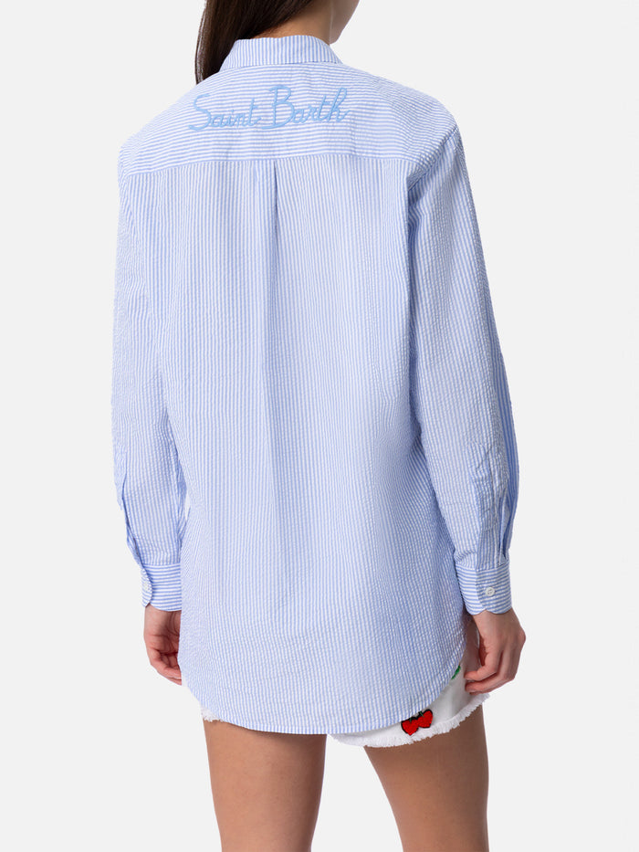 Brigitte Striped-Print Seersucker Shirt With Saint Barth Embroidery Blue