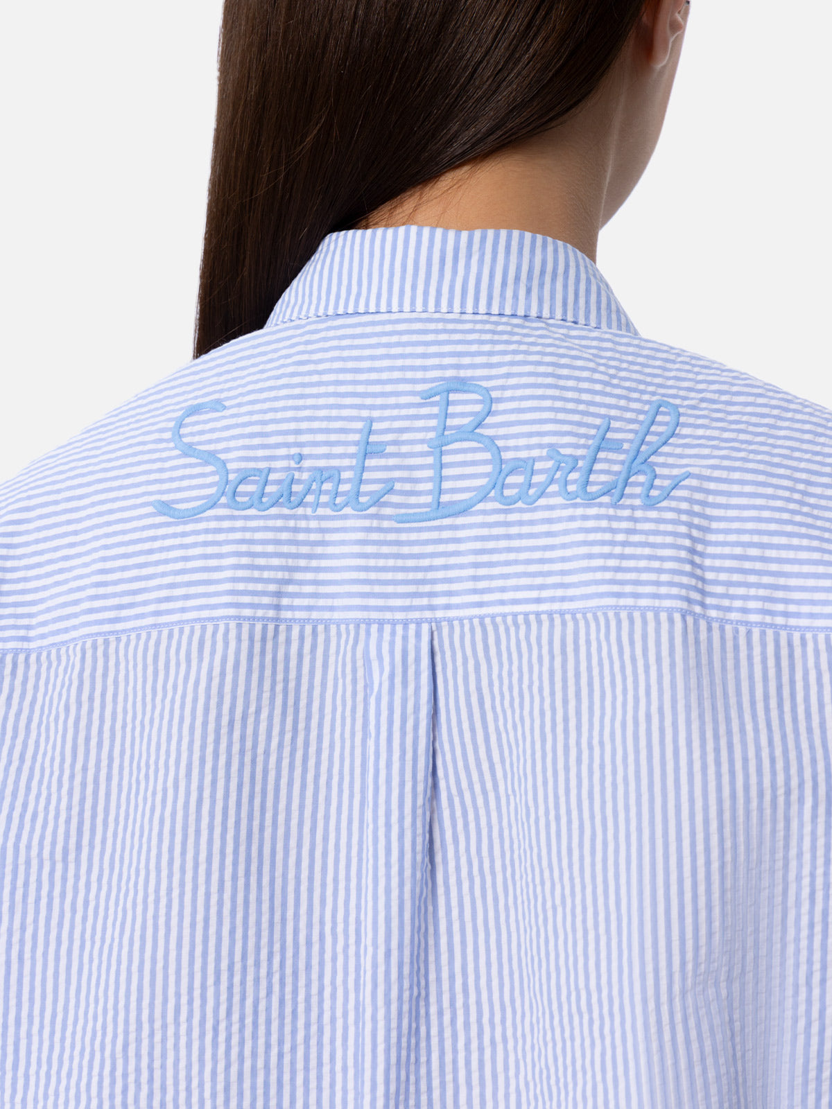 Brigitte Striped-Print Seersucker Shirt With Saint Barth Embroidery Blue