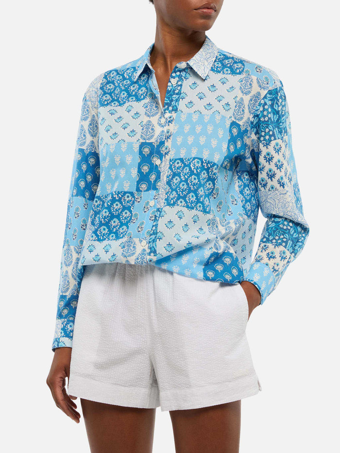 Brigitte Flower-Print Cotton Shirt Blue