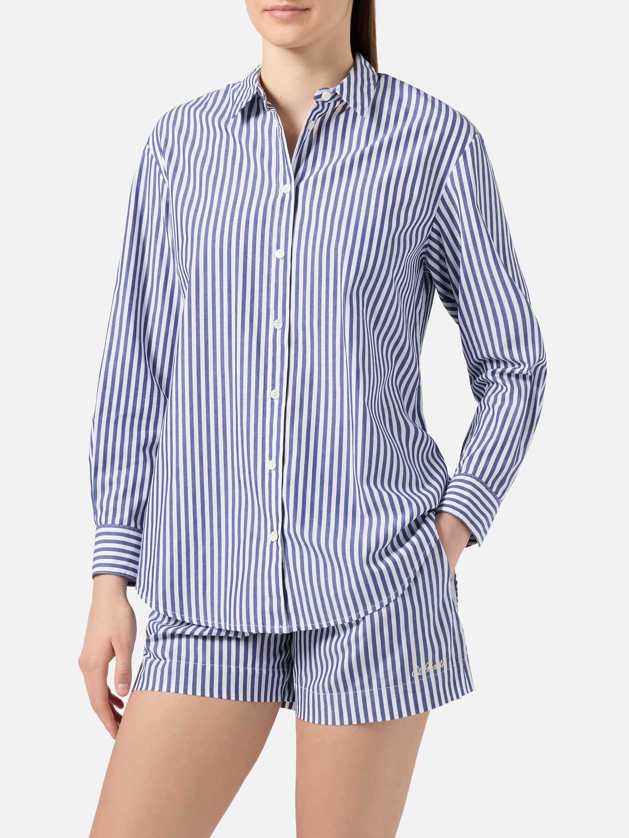 Brigitte Shirt With Blue Stripes And See You Saint Barth Embroidery