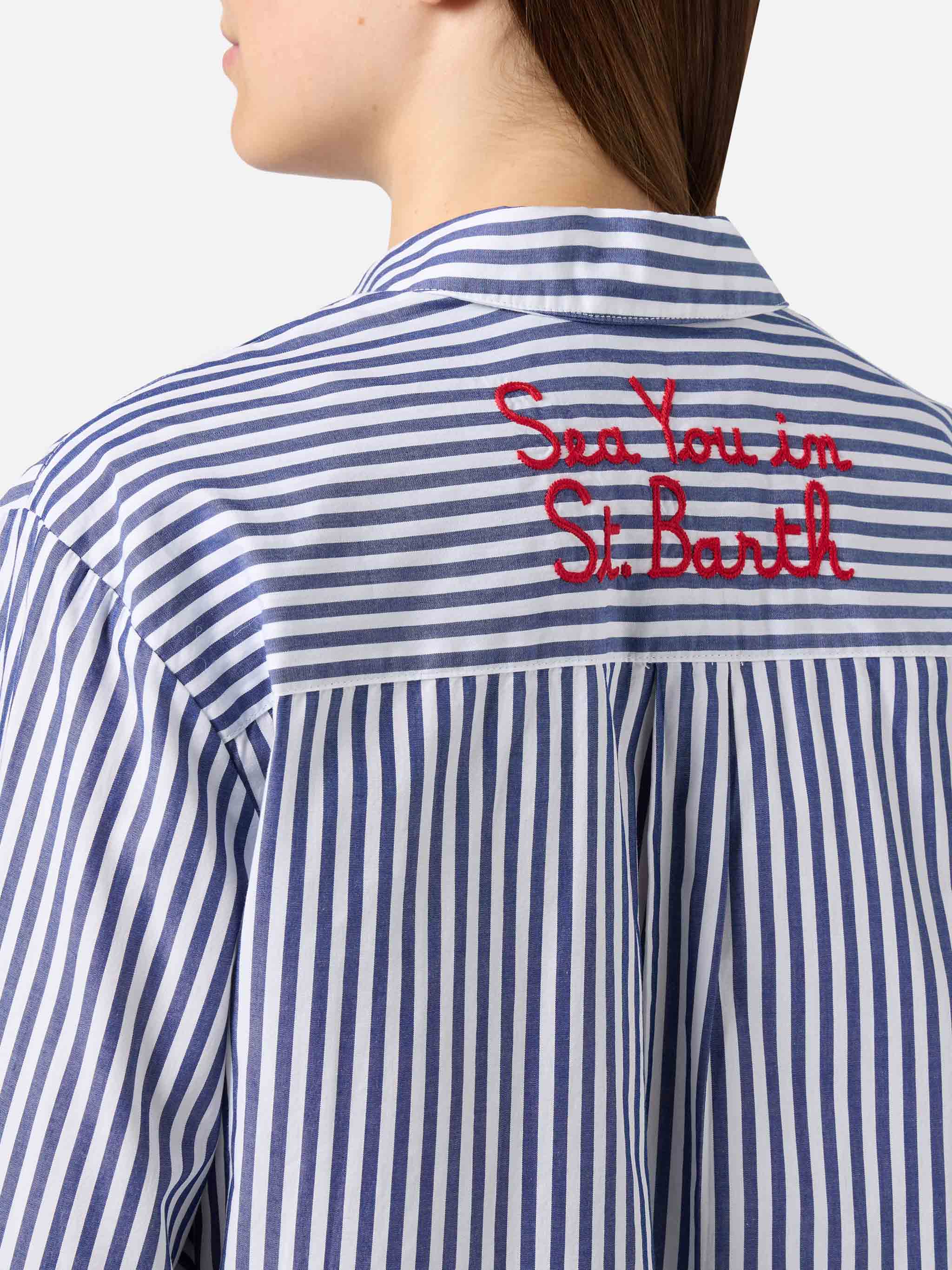 Brigitte Shirt With Blue Stripes And See You Saint Barth Embroidery