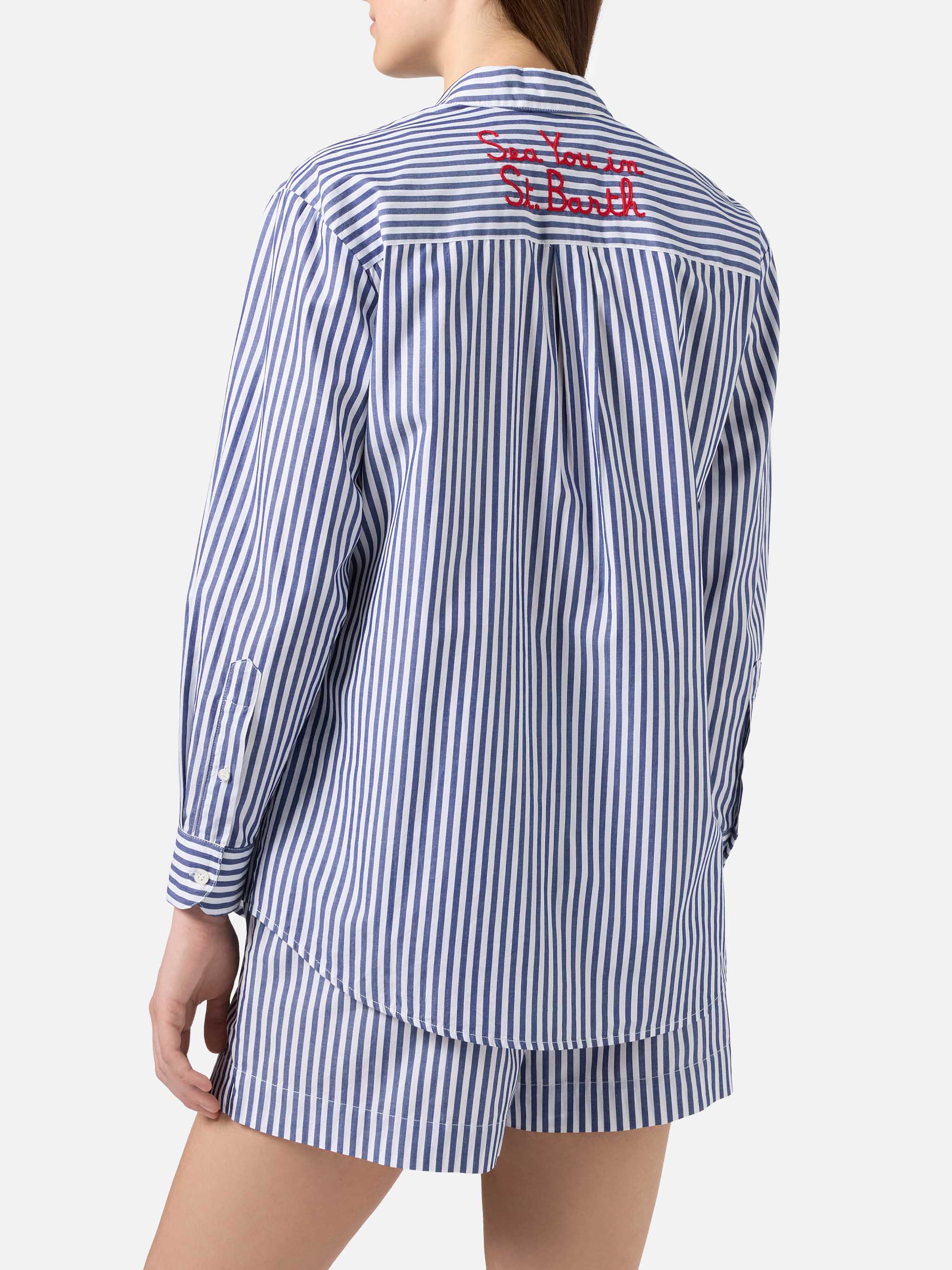Brigitte Shirt With Blue Stripes And See You Saint Barth Embroidery