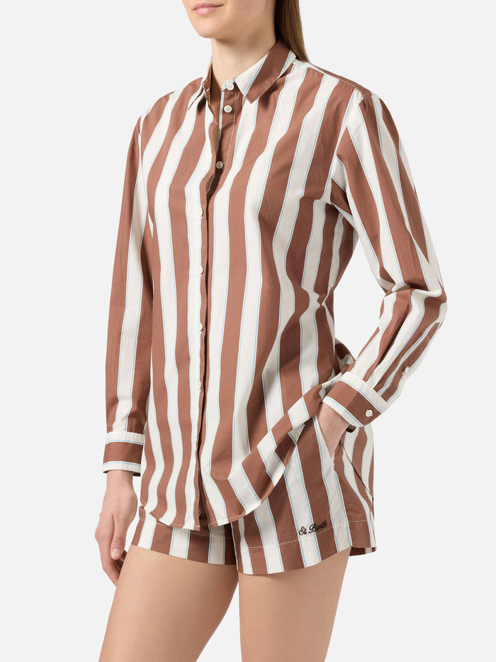 Brigitte Cotton Shirt With Brown Stripes And Sport Club Embroidery