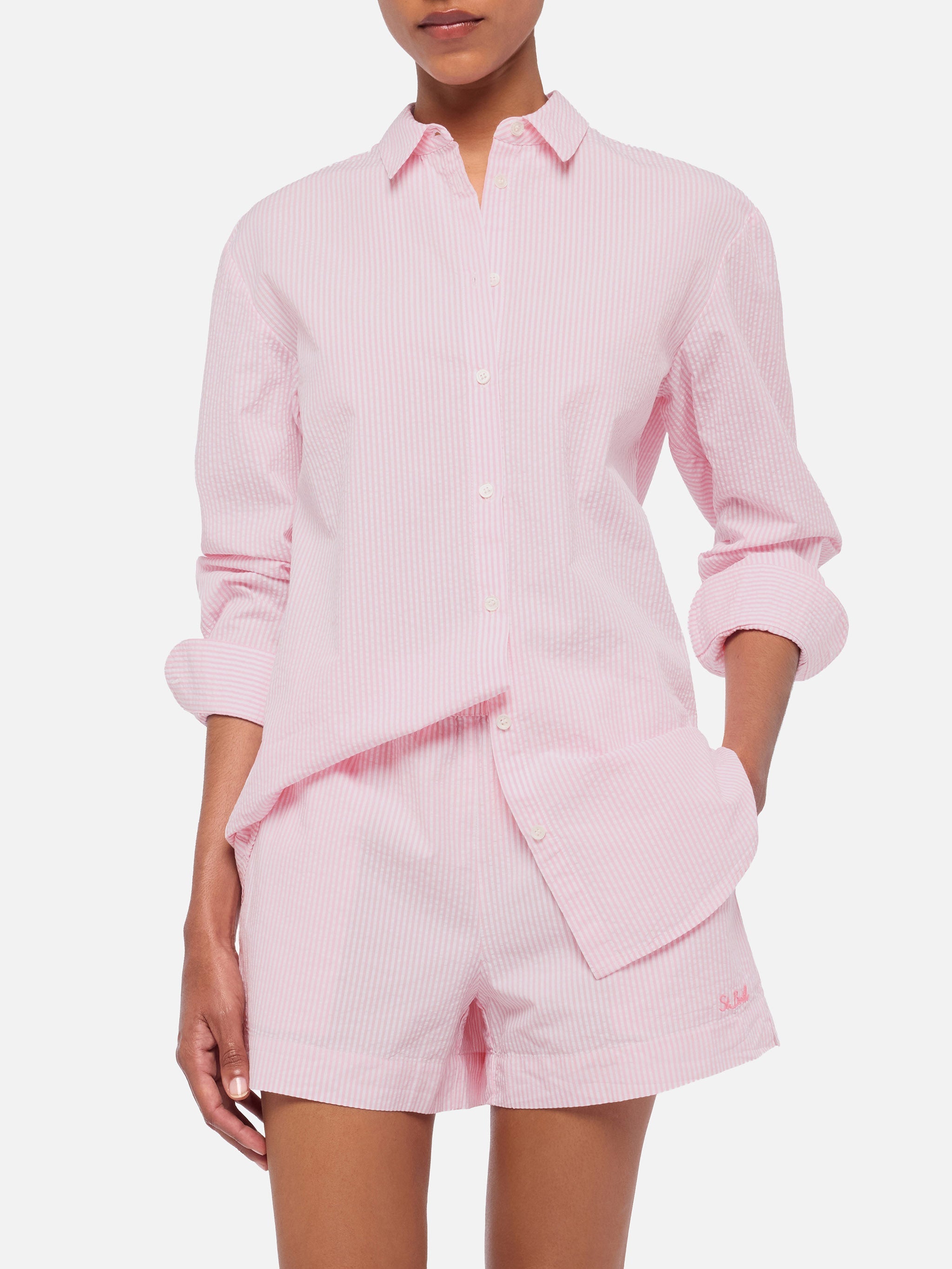 Brigitte Striped-Print Seersucker Shirt With Saint Barth Embroidery Pink