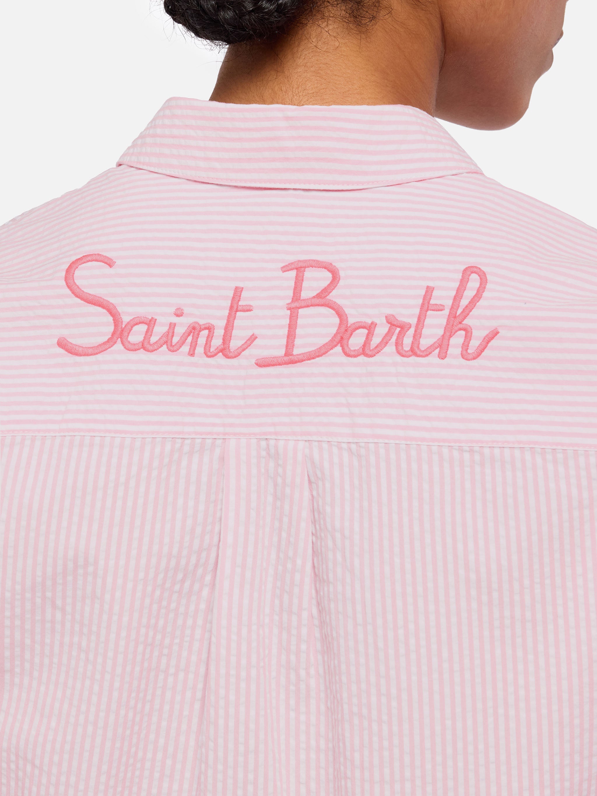 Brigitte Striped-Print Seersucker Shirt With Saint Barth Embroidery Pink