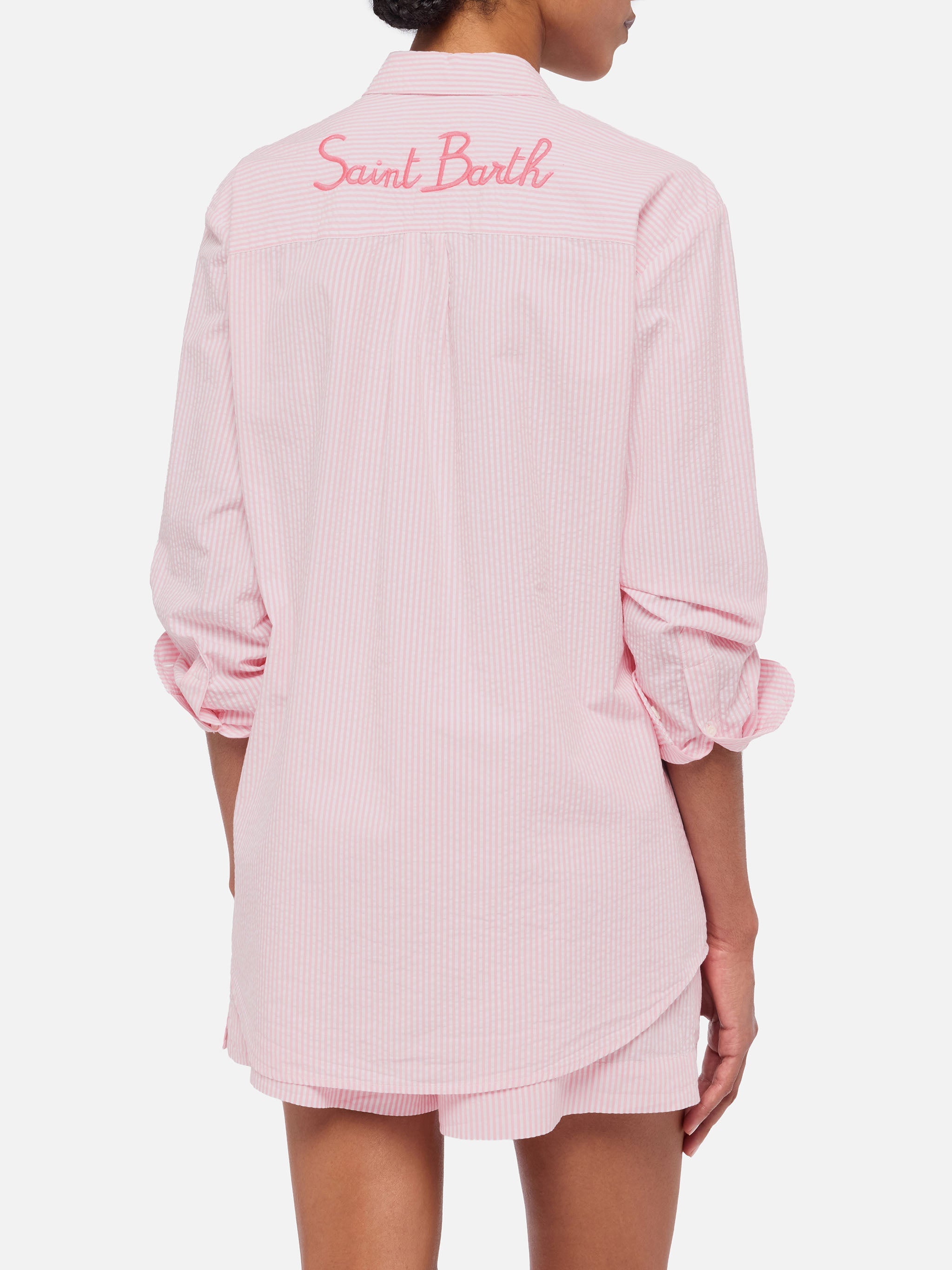Brigitte Striped-Print Seersucker Shirt With Saint Barth Embroidery Pink