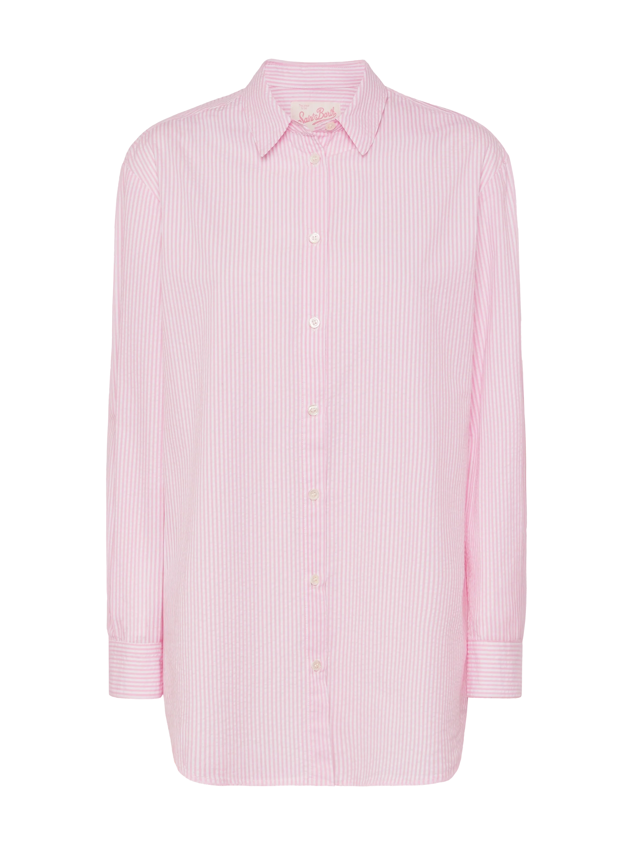 Brigitte Striped-Print Seersucker Shirt With Saint Barth Embroidery Pink