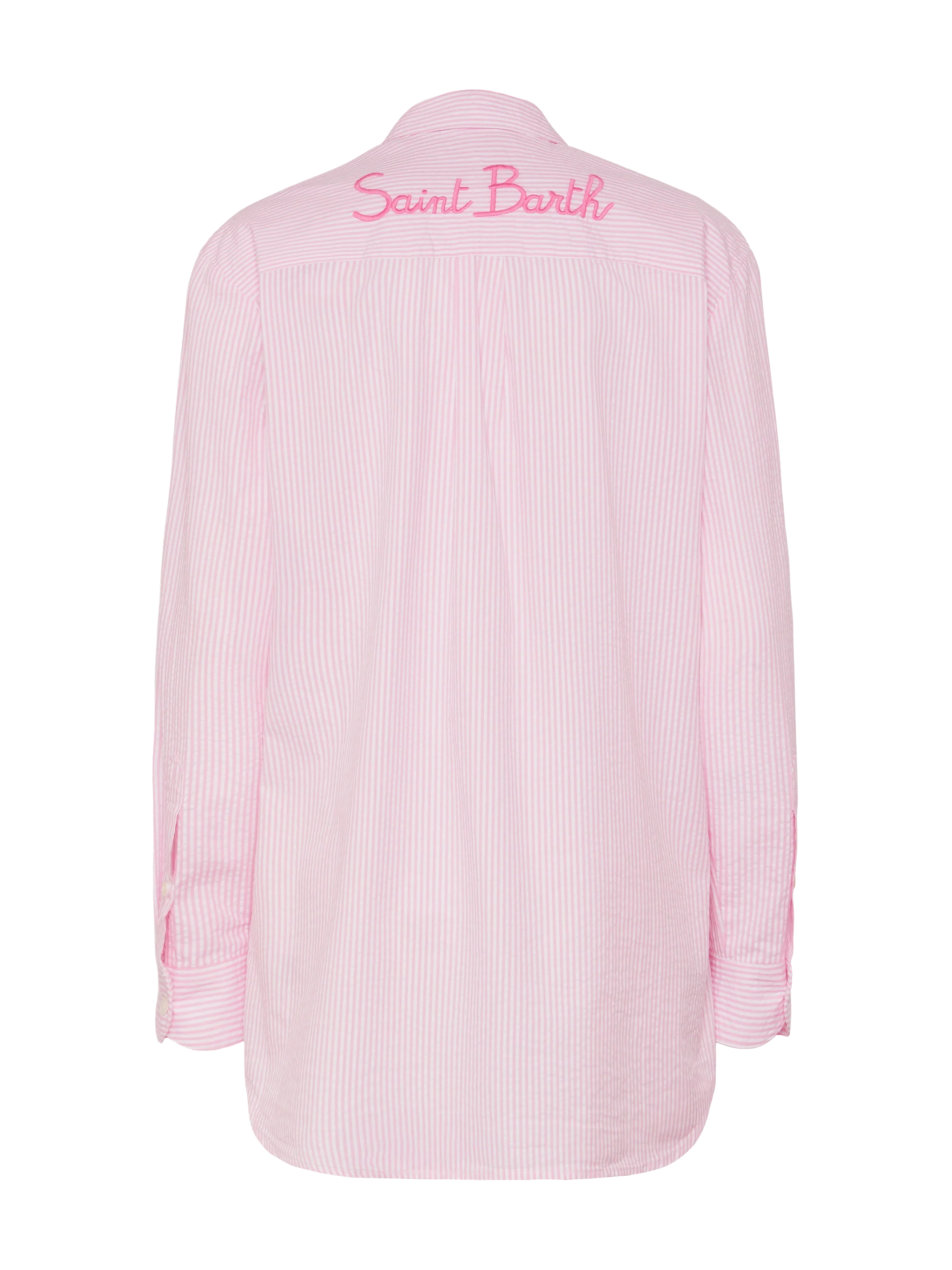 Brigitte Striped-Print Seersucker Shirt With Saint Barth Embroidery Pink