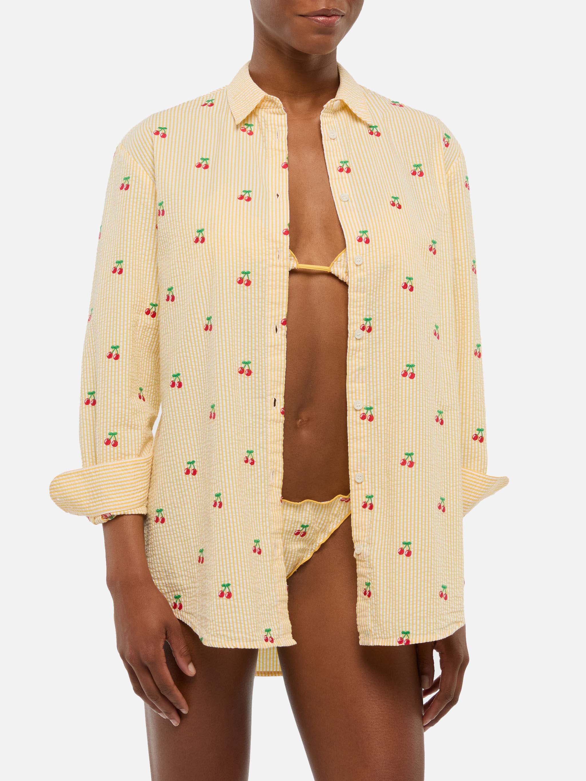 Brigitte Striped-Print Seersucker Shirt With Saint Barth Embroidery Yellow