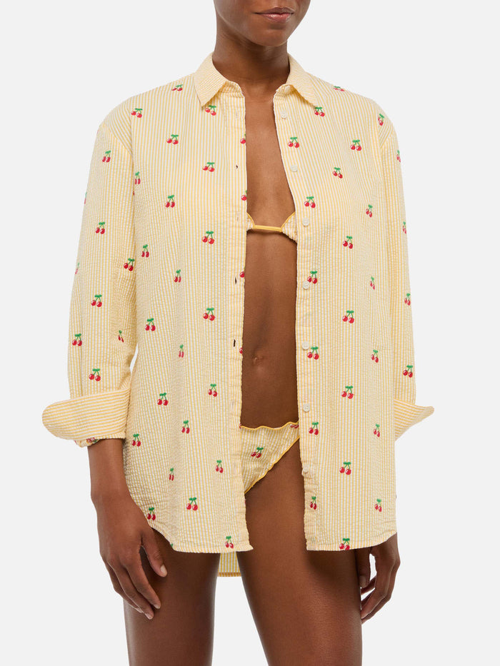 Brigitte Striped-Print Seersucker Shirt With Saint Barth Embroidery Yellow