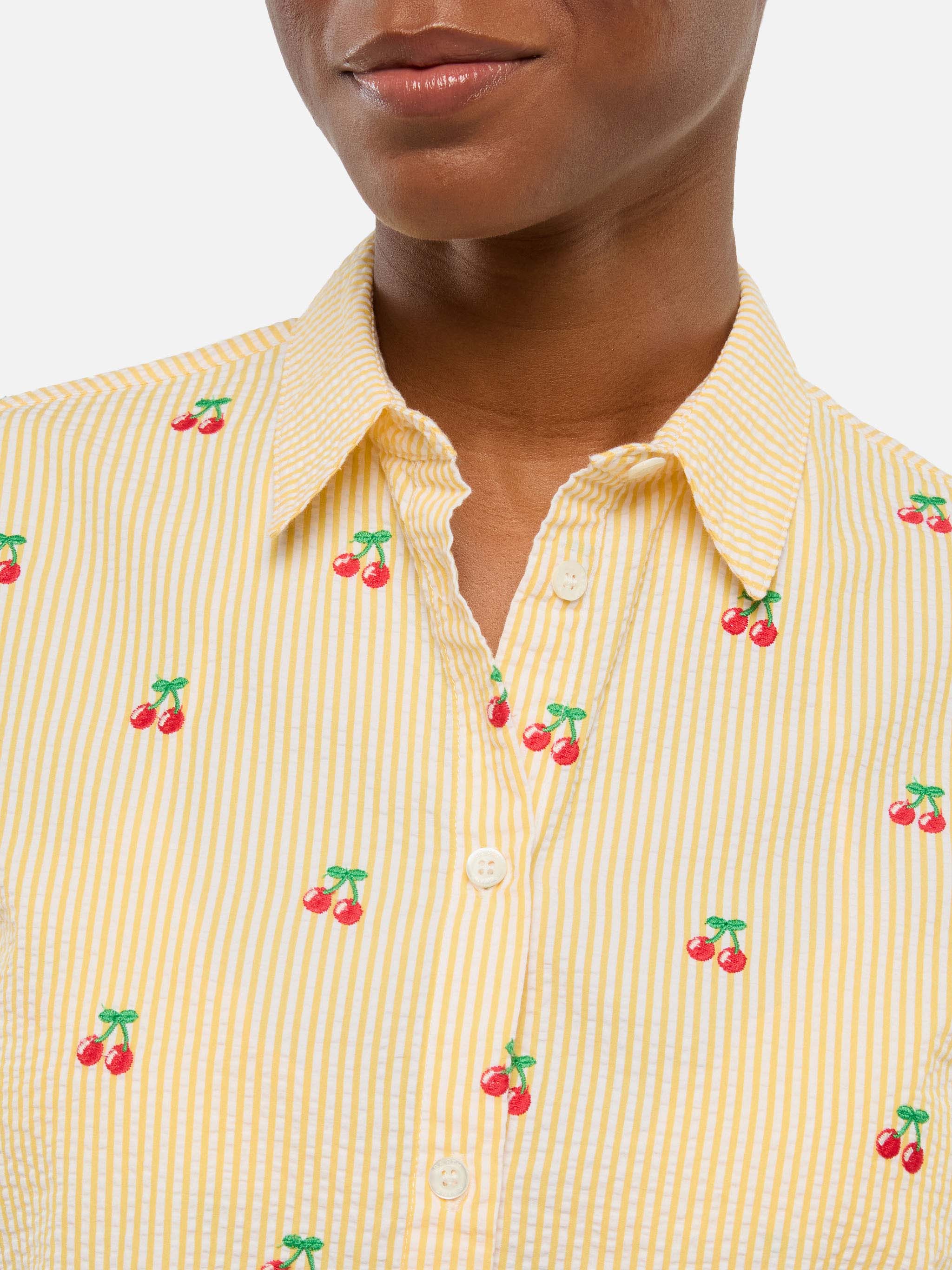 Brigitte Striped-Print Seersucker Shirt With Saint Barth Embroidery Yellow