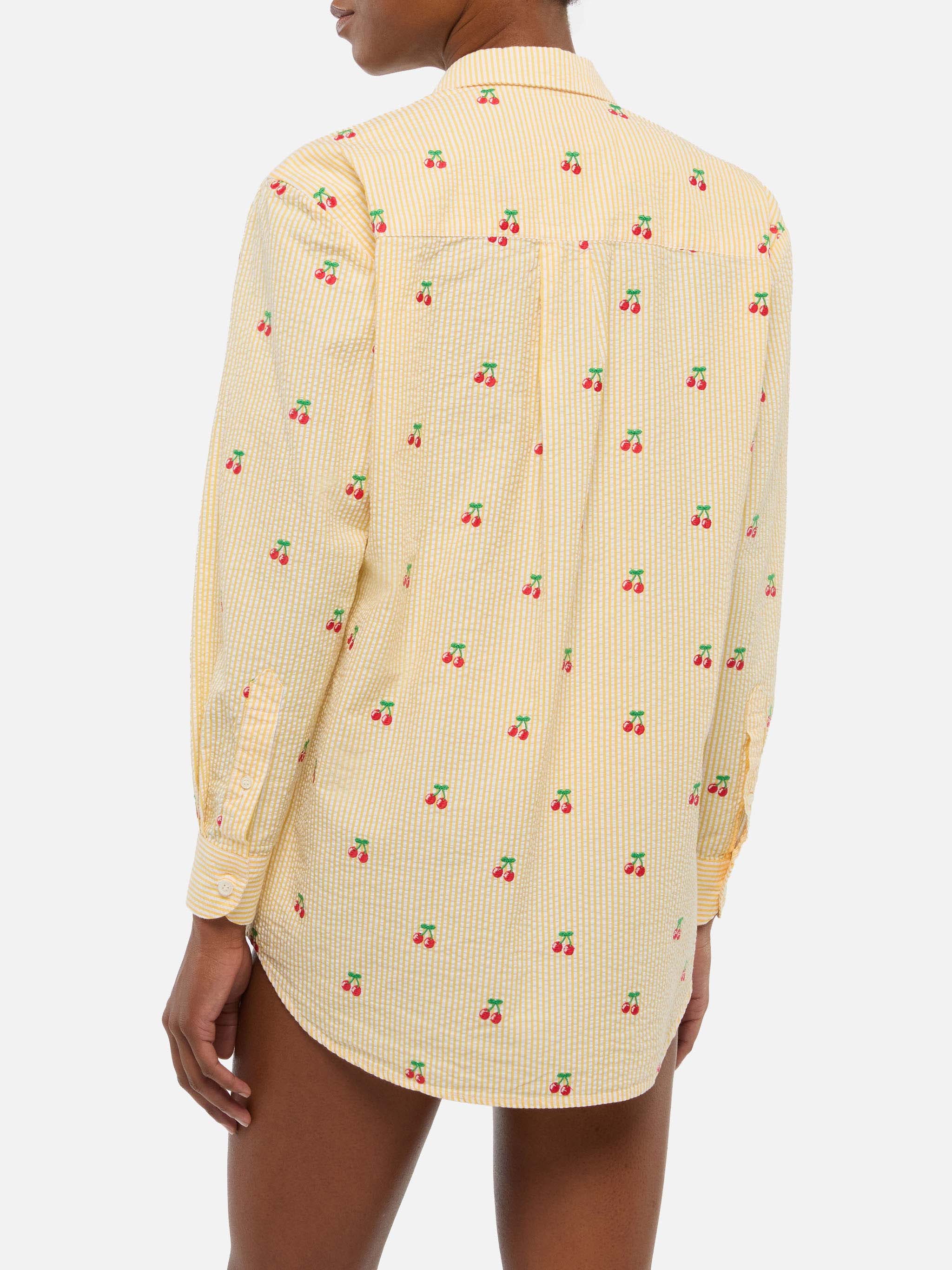 Brigitte Striped-Print Seersucker Shirt With Saint Barth Embroidery Yellow