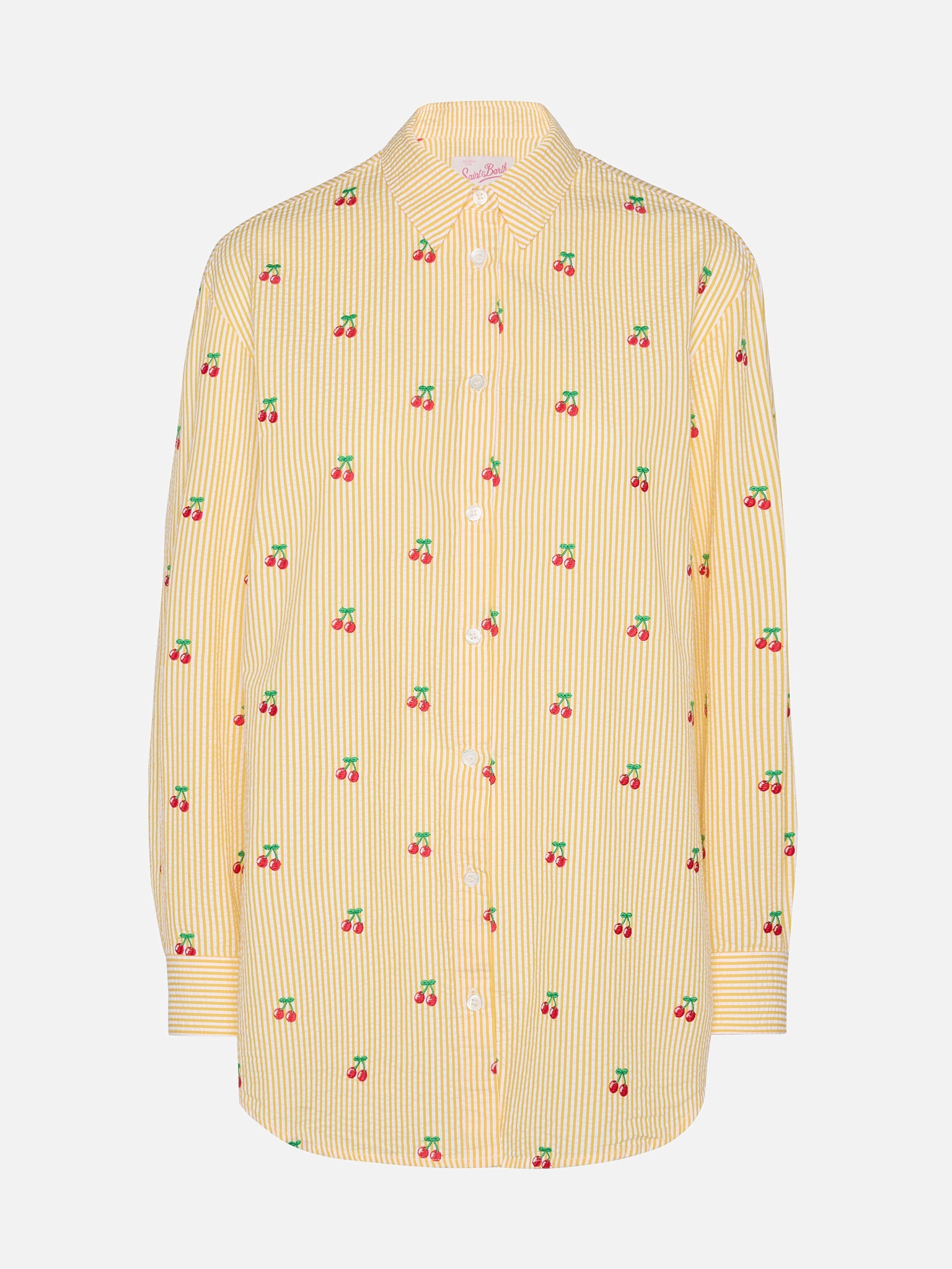 Brigitte Striped-Print Seersucker Shirt With Saint Barth Embroidery Yellow