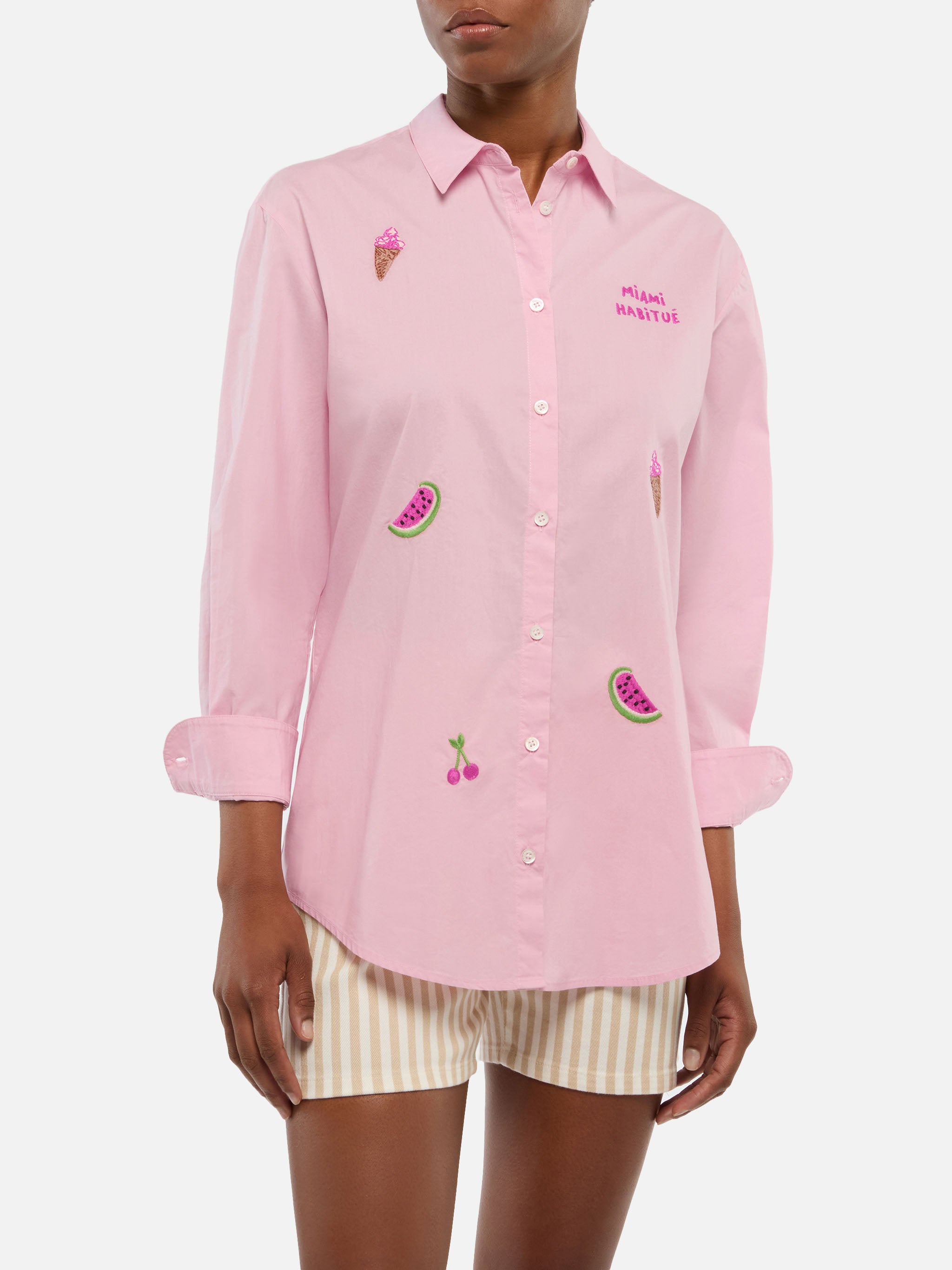 Brigitte Striped-Print Cotton Shirt With Miami Habituè Embroidery Pink