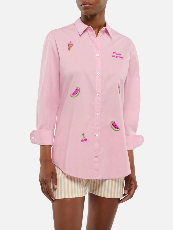 Brigitte Striped-Print Cotton Shirt With Miami Habituè Embroidery Pink