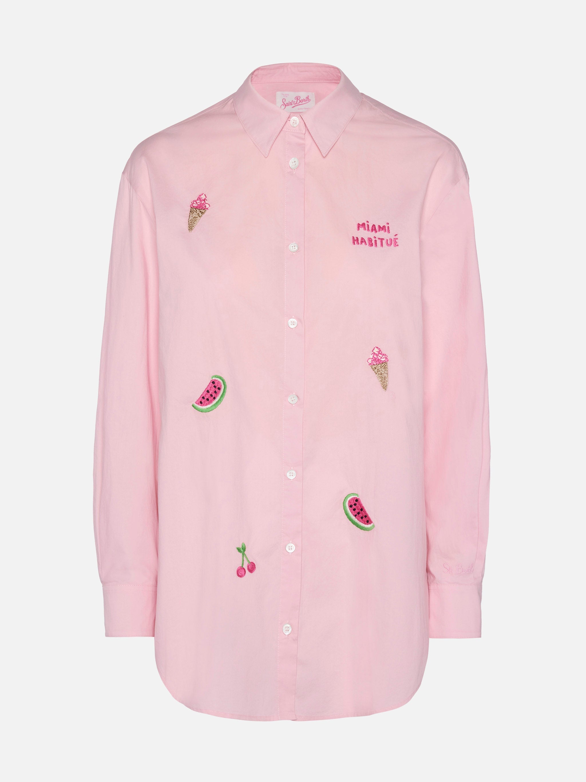 Brigitte Striped-Print Cotton Shirt With Miami Habituè Embroidery Pink