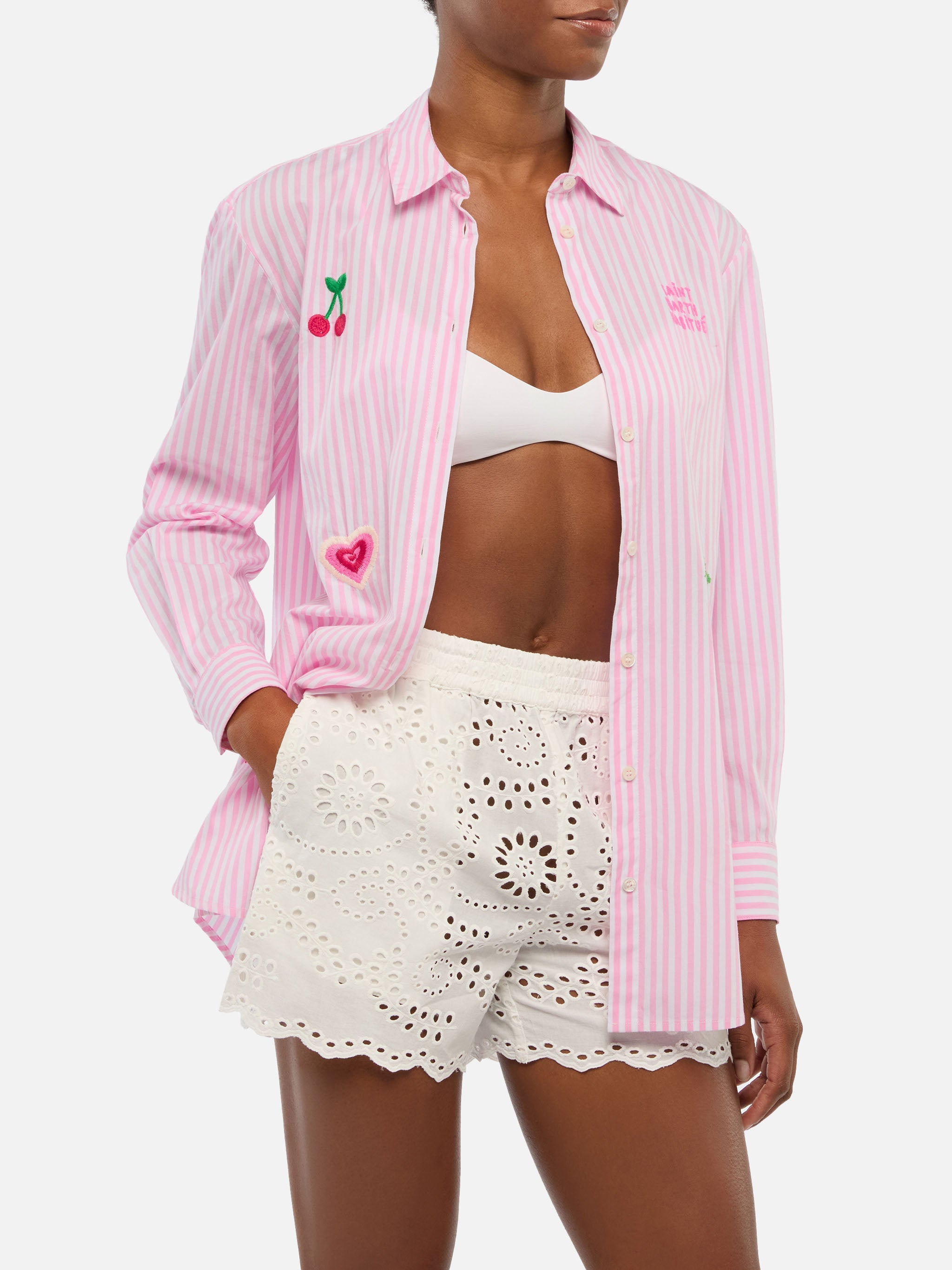 Brigitte Striped-Print Cotton Shirt With Saint Barth Habituè Embroidery Pink